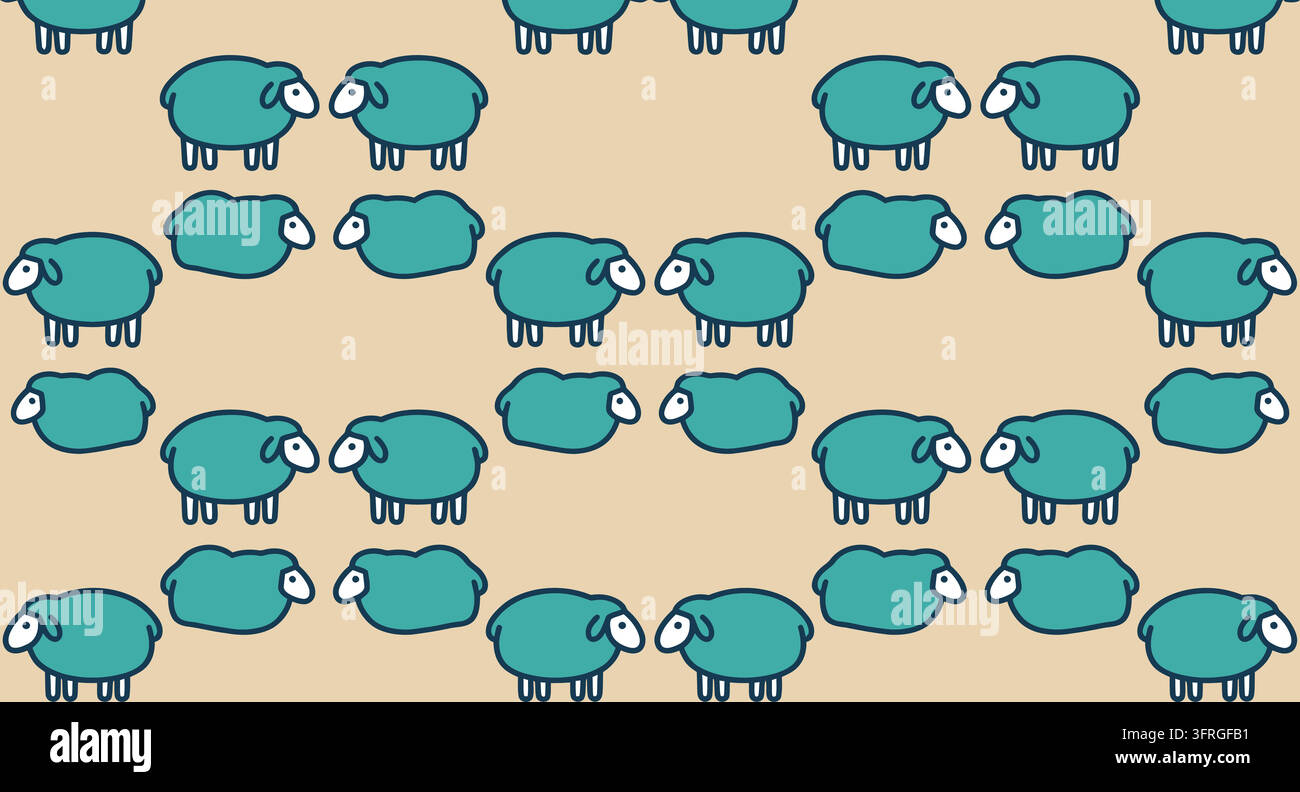 Modello senza cuciture di pecore in cartoon blu verde su uno sfondo beige chiaro Illustrazione Vettoriale