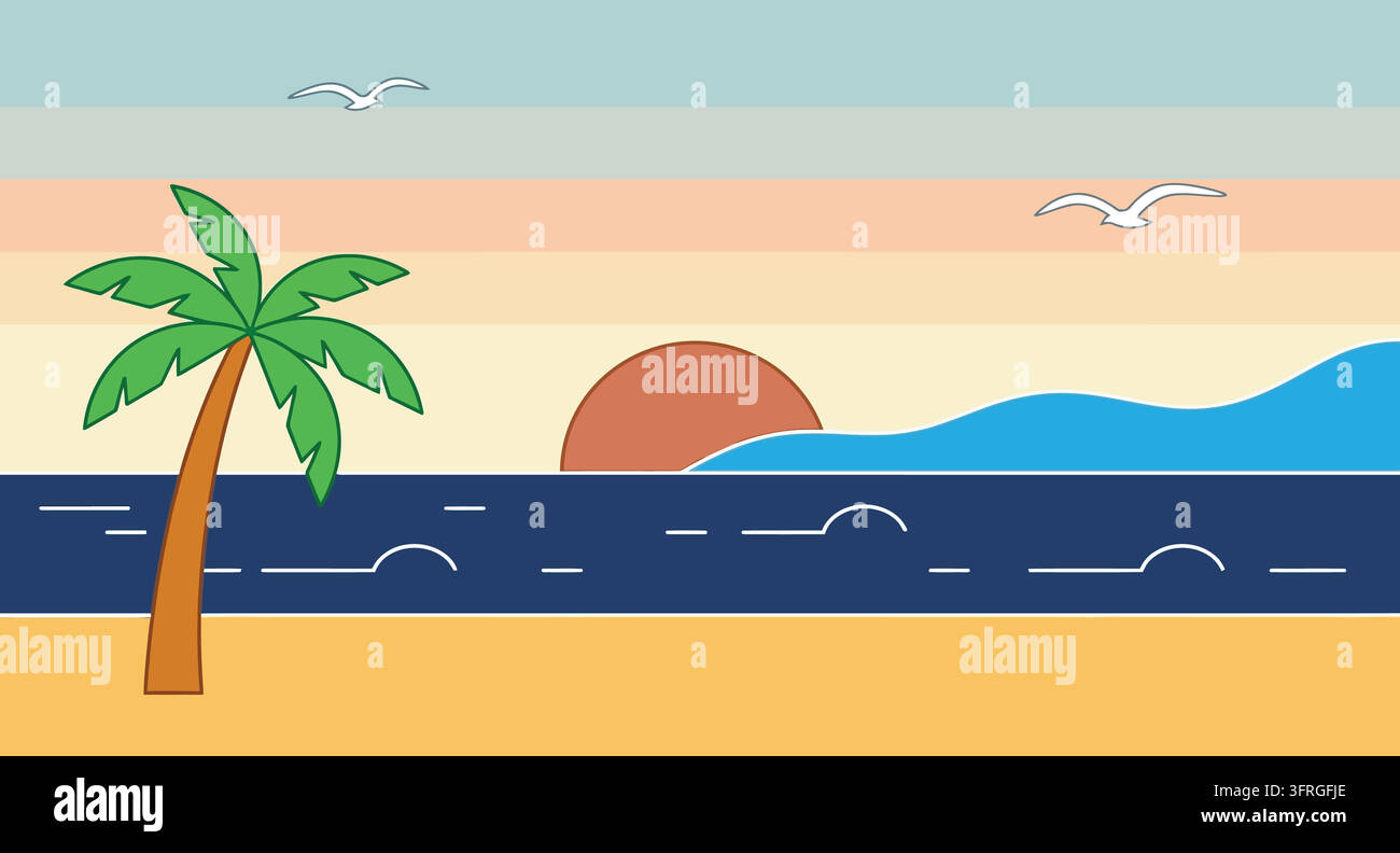Illustrazione semplificata di paesaggio costiero con palma e gabbiani Illustrazione Vettoriale