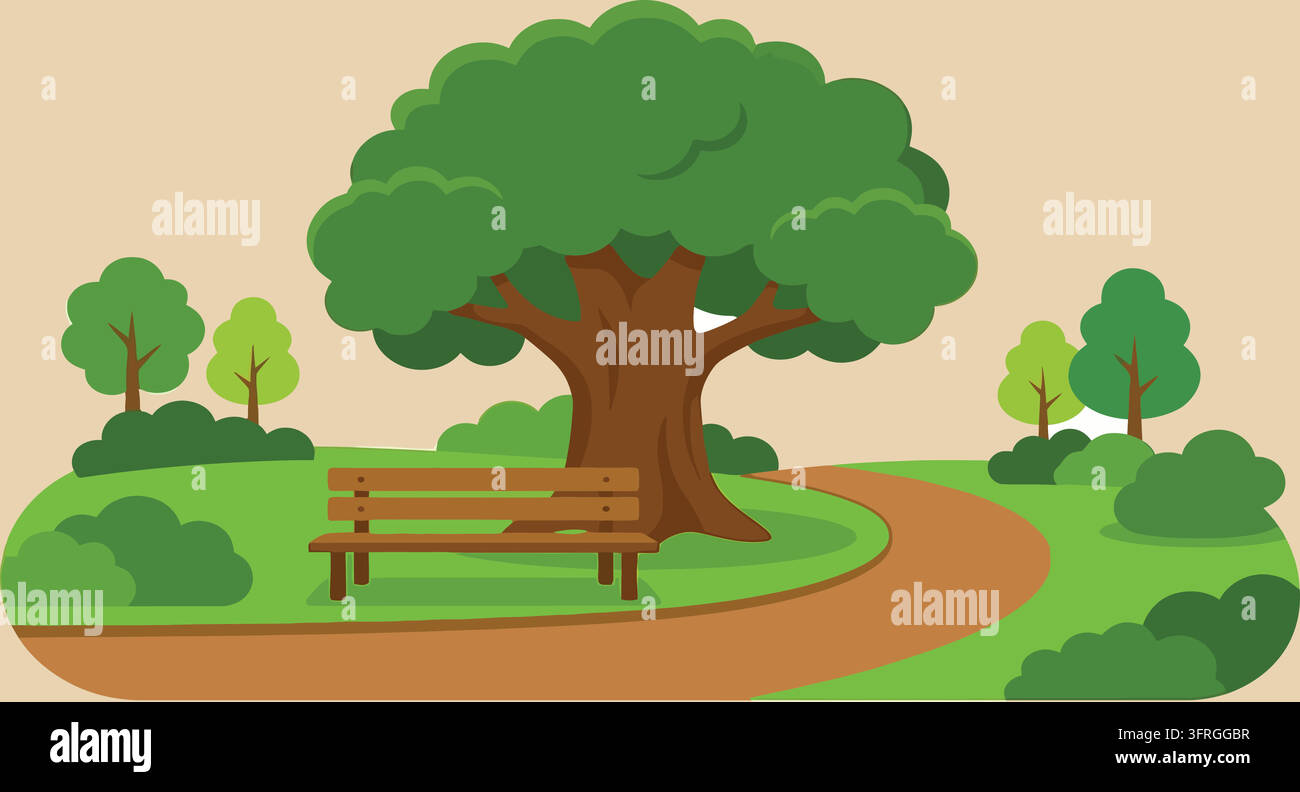 Panchina di legno nel parco sotto un grande albero verde con spazio pubblico Illustrazione Vettoriale