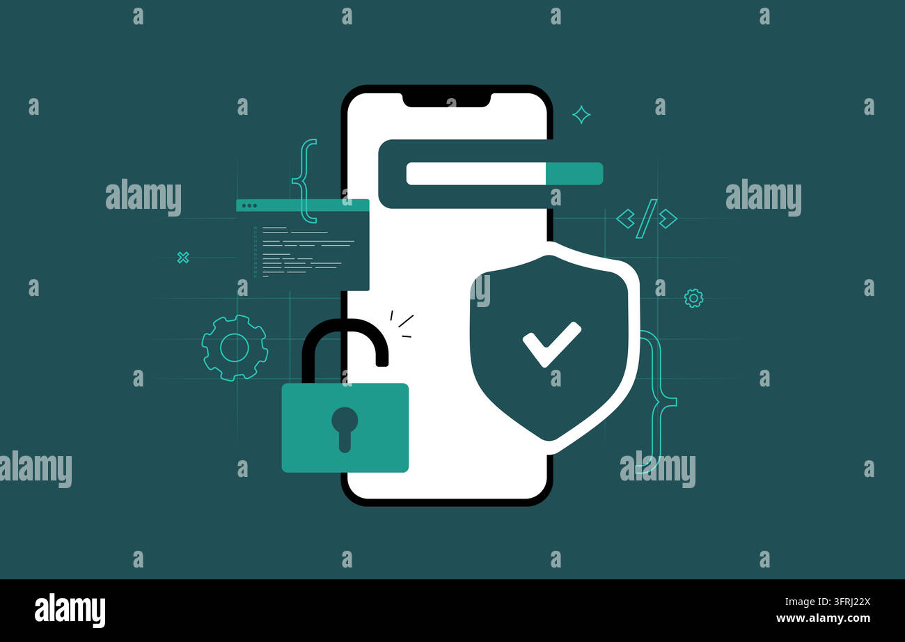 Pratiche di codifica sicura per la prevenzione delle vulnerabilità nella protezione dei dati software e delle applicazioni. Sicurezza del codice, test di vulnerabilità e autenticazione per uno sviluppo affidabile, illustrazione vettoriale. Illustrazione Vettoriale