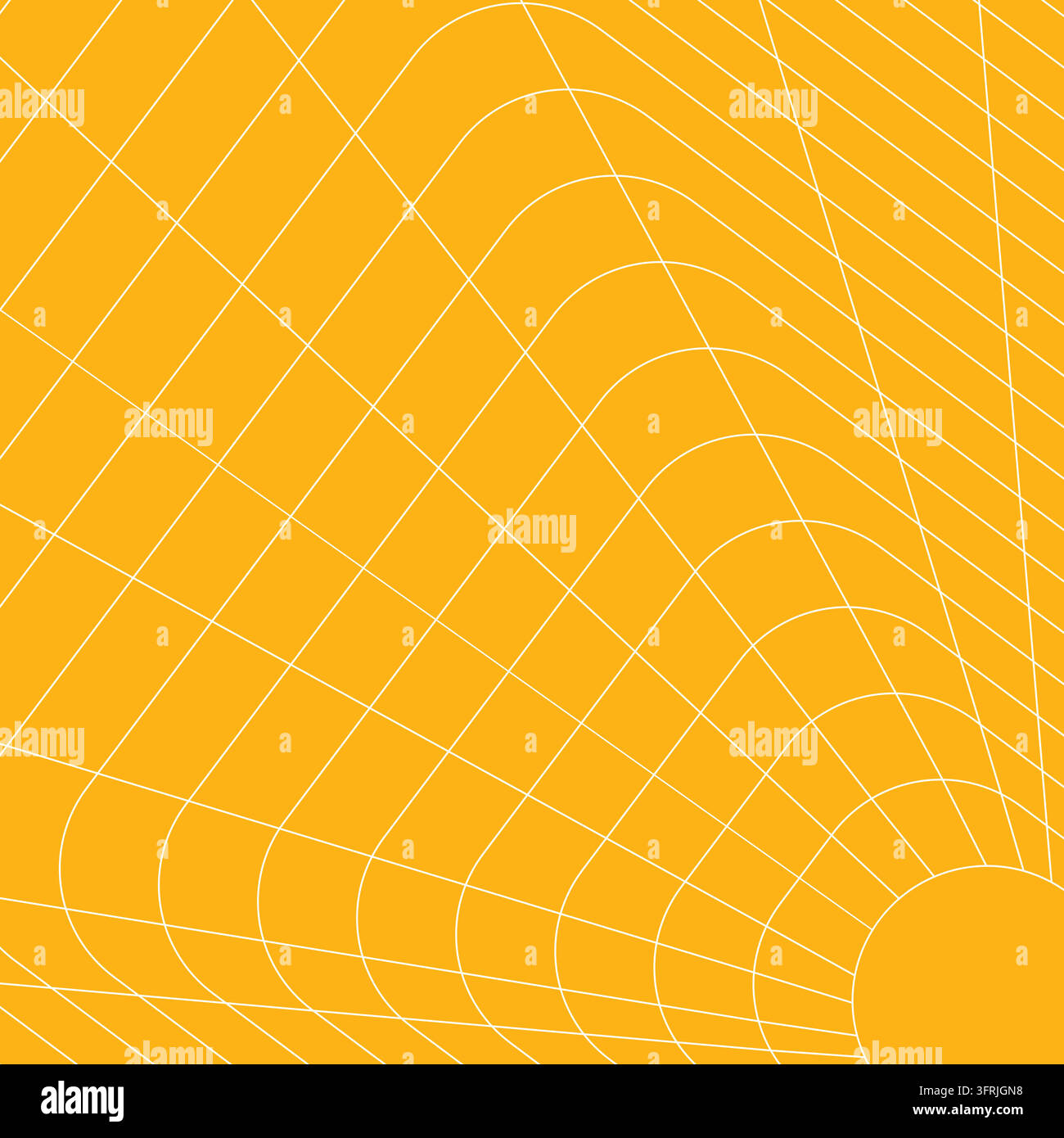 Illustrazione vettoriale di linea retrò griglia a prospettiva a imbuto quadrato su sfondo giallo. Linee wireframe bianche quadrate concentriche arrotondate che creano una geometria profonda Illustrazione Vettoriale