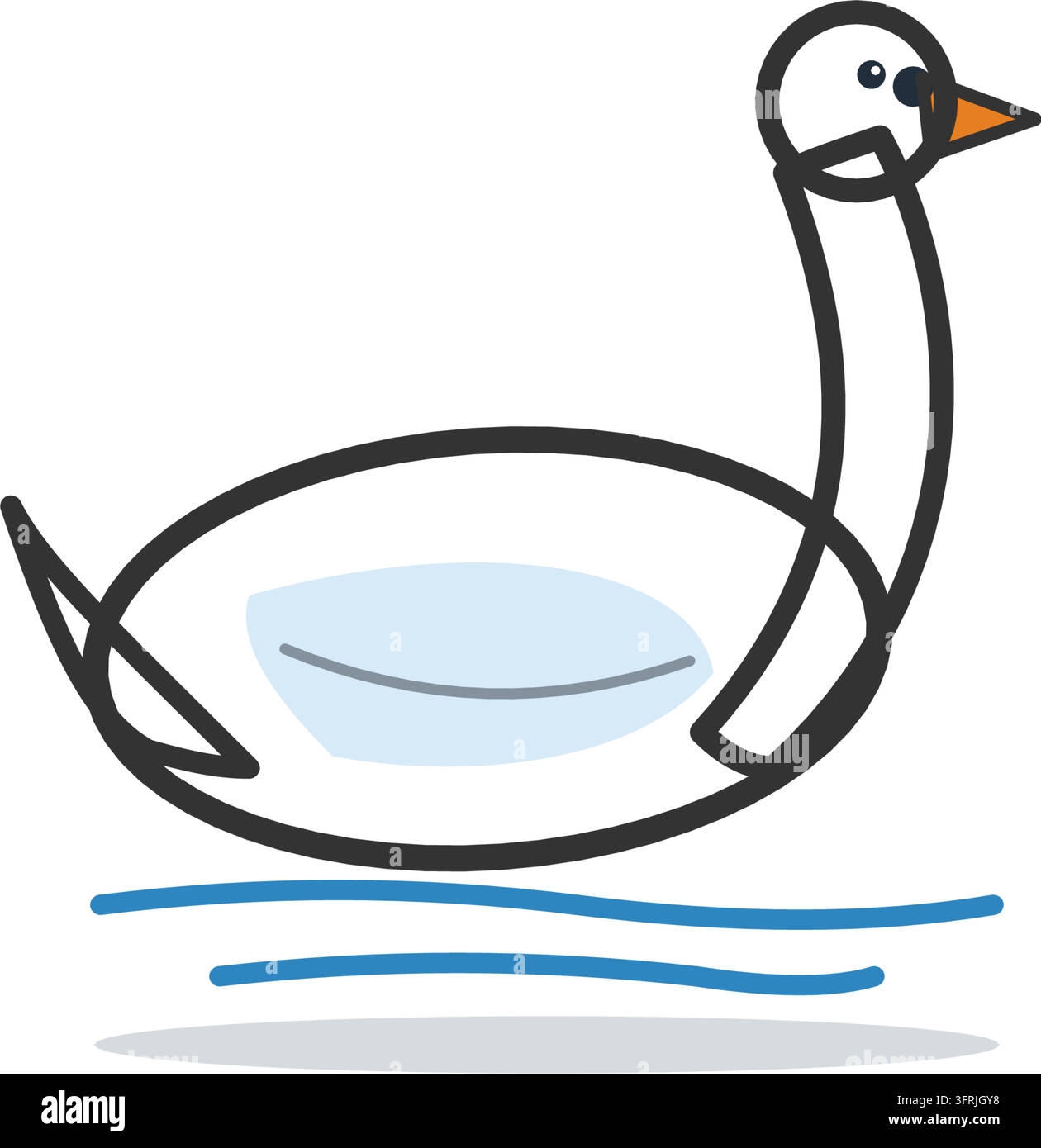 Cigno bianco elegante con collo ricurvo a forma di S grazioso e becco arancione che nuota sulle onde, illustrazione vettoriale piatta isolata su sfondo bianco. Illustrazione Vettoriale