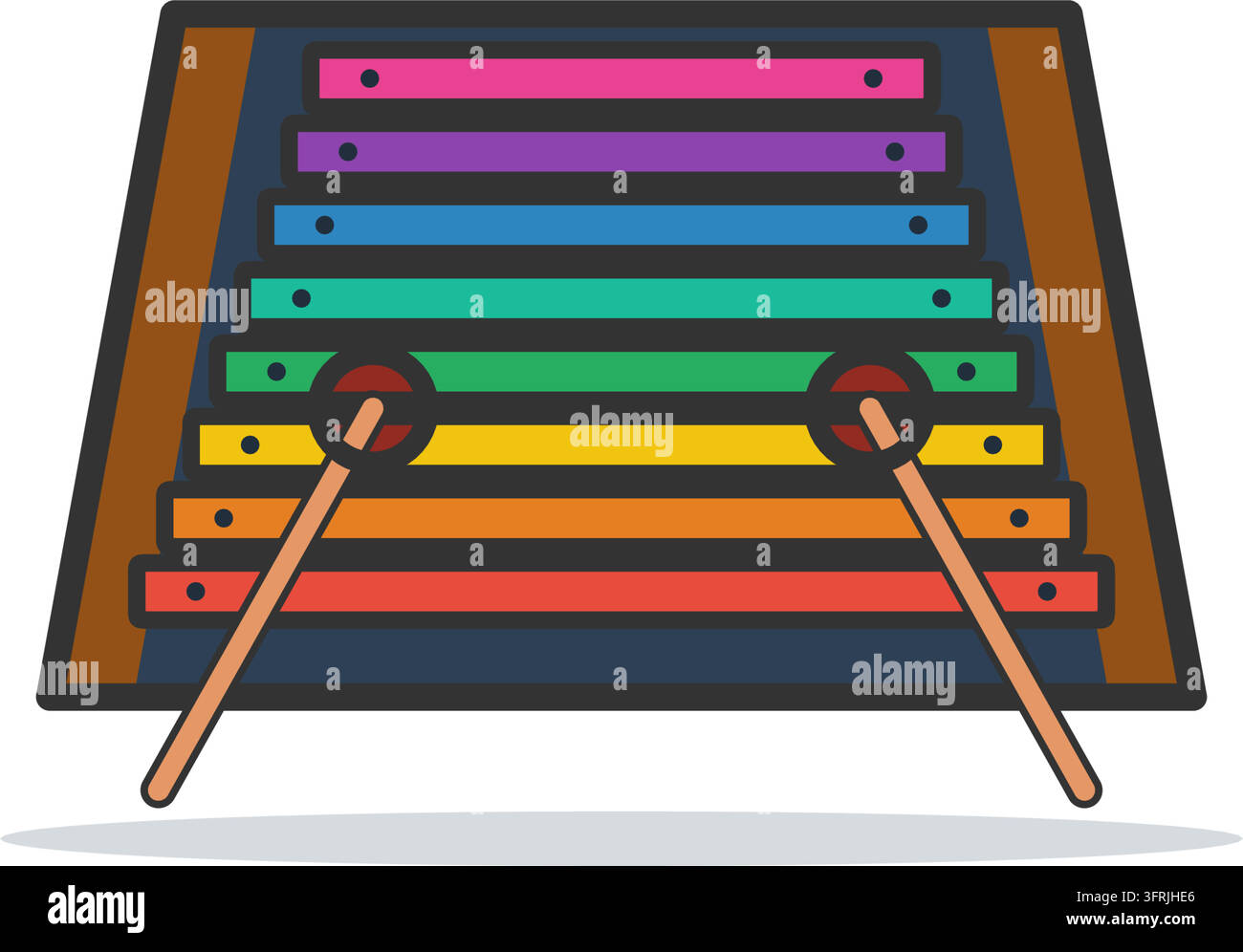 Illustrazione vettoriale piatta di uno xilofono con barre arcobaleno e due mazze a palla rossa, isolato su sfondo bianco. Icona di educazione musicale per bambini. Illustrazione Vettoriale