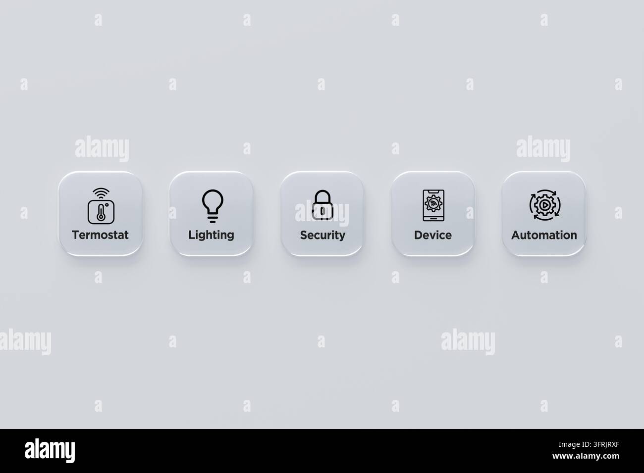 Icone di automazione domestica intelligente per termostato, illuminazione, sicurezza, dispositivi e controllo del sistema su un'interfaccia pulita e moderna Foto Stock