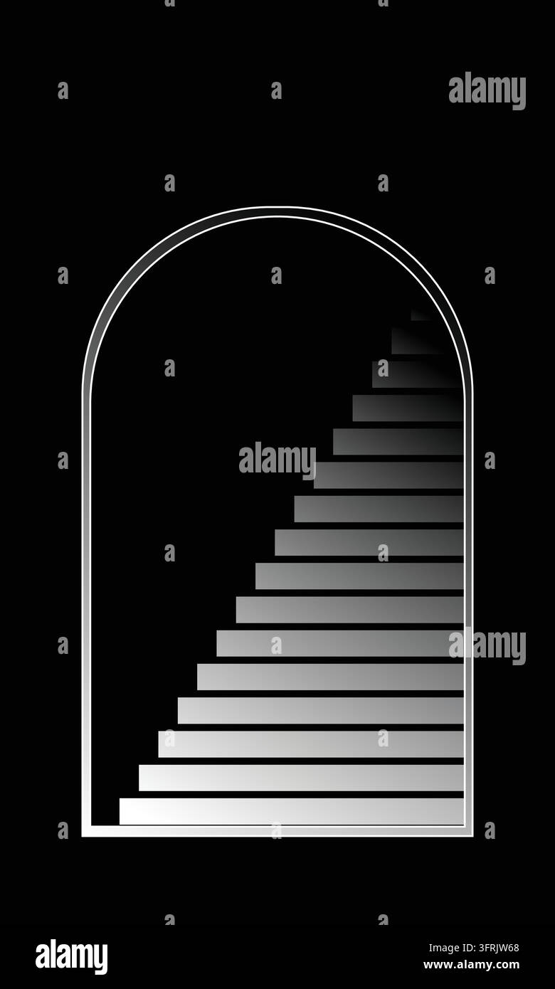Scalinata geometrica minimalista in bianco e nero si innalza all'interno di una cornice ad arco, utilizzando sfumature di grigio e linee pulite per creare un'illusione di profondità Illustrazione Vettoriale