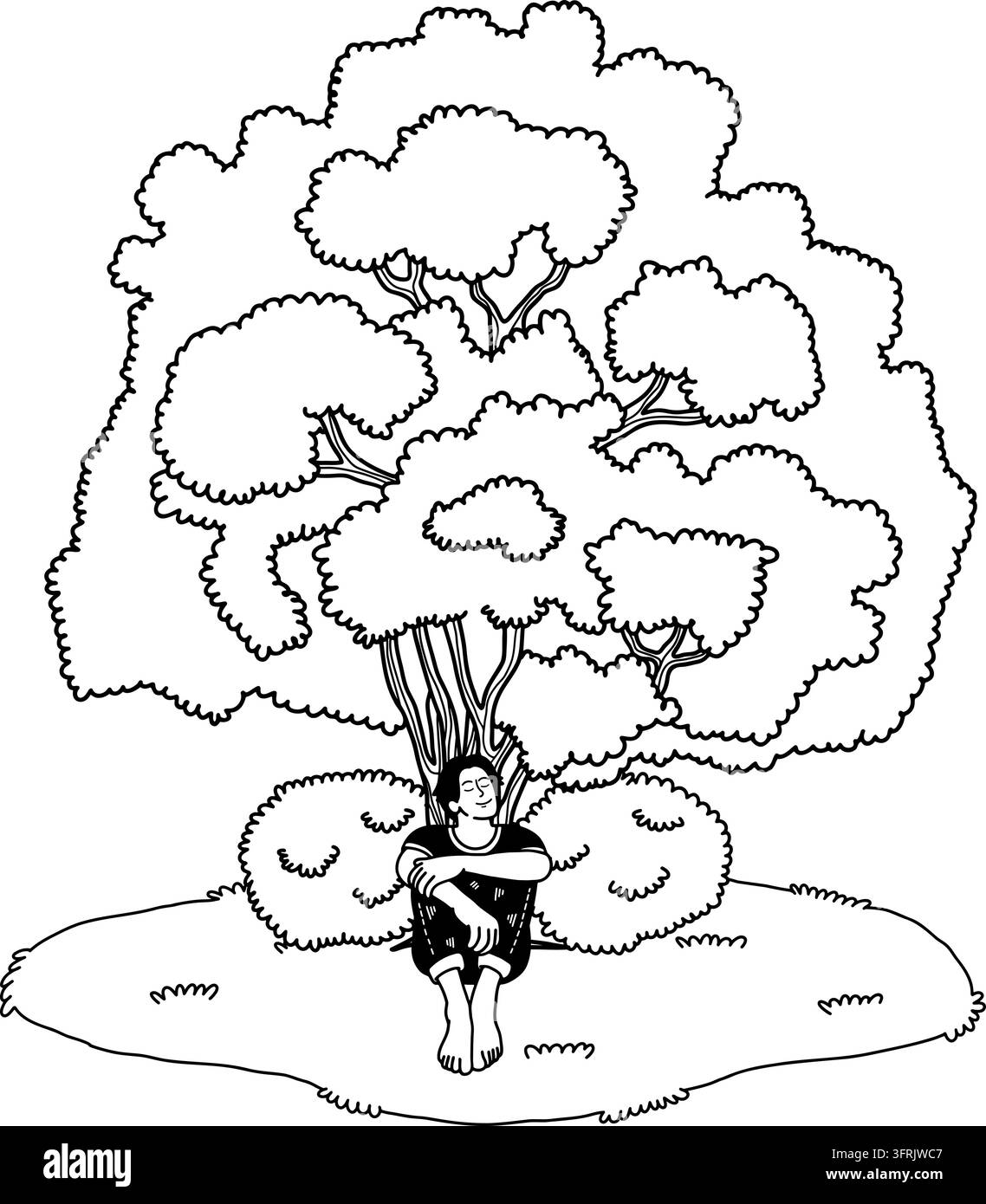 Illustrazione in bianco e nero di un uomo seduto scalzo sotto un albero Illustrazione Vettoriale