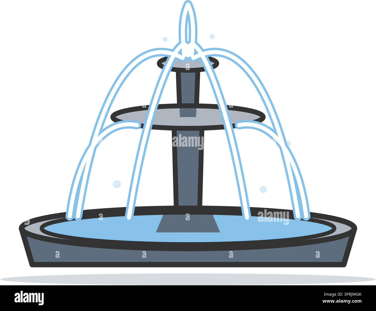 Fontana ornamentale cittadina con ampio bacino, due livelli e getti d'acqua ad arco, illustrazione vettoriale piatta isolata su sfondo bianco. Illustrazione Vettoriale