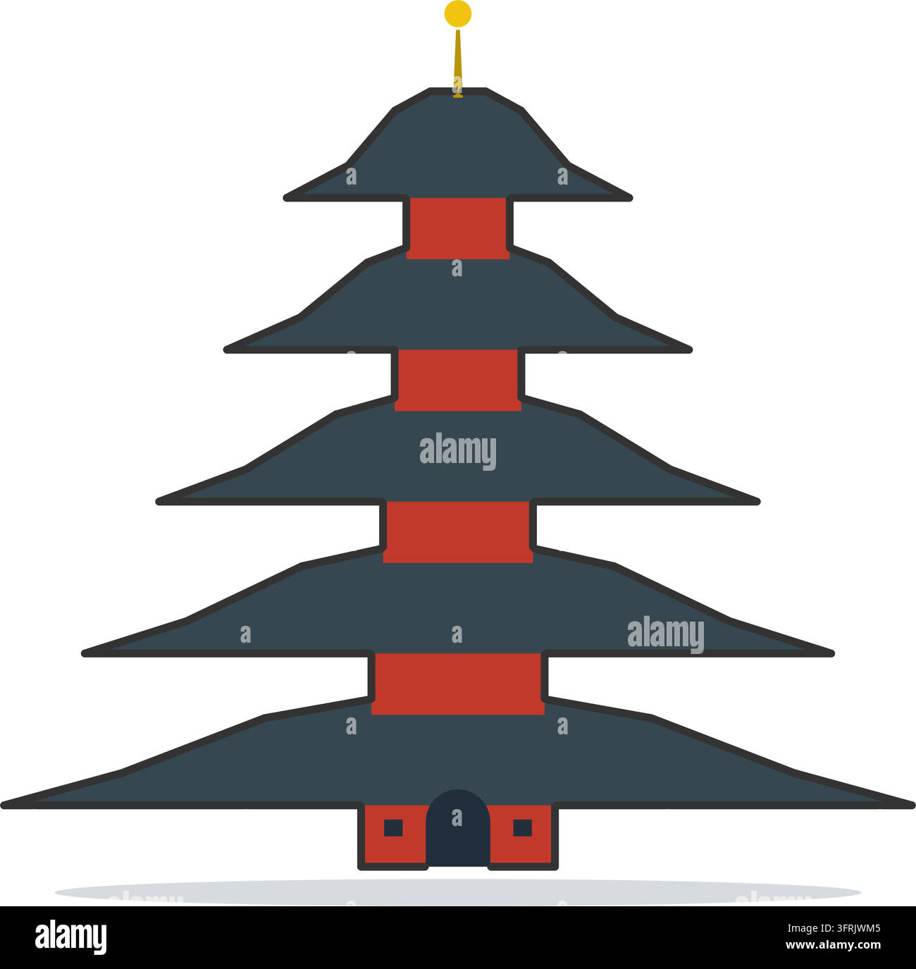 Tempio pagoda giapponese a cinque piani con muri rossi e tetti di ardesia impilati, illustrazione vettoriale piatta isolata su sfondo bianco. Illustrazione Vettoriale