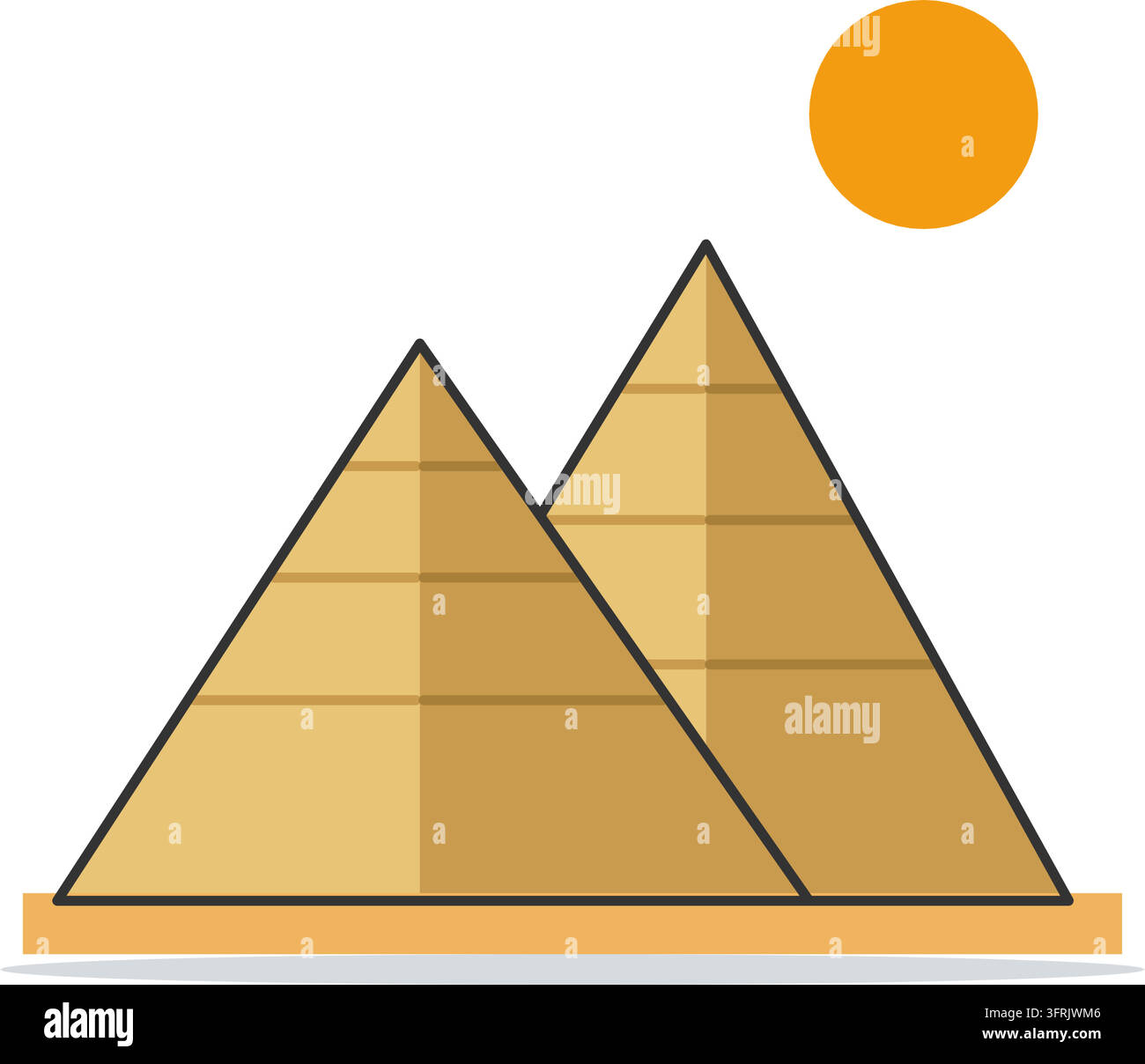 Piramidi egiziane di Giza sulla sabbia del deserto sotto un sole splendente, illustrazione vettoriale piatta isolata su sfondo bianco. Illustrazione Vettoriale