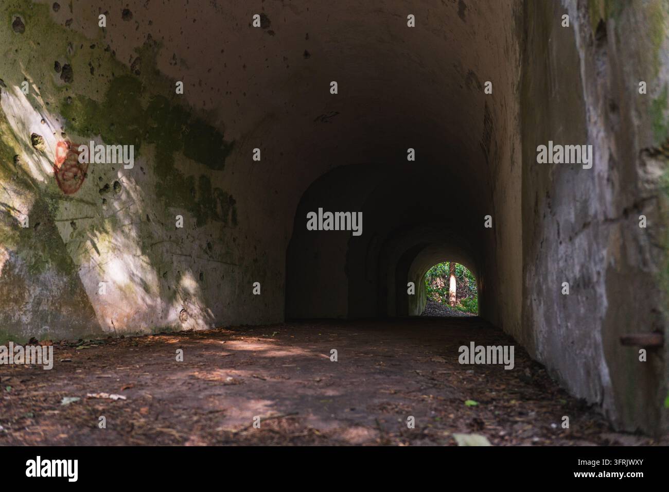 un tunnel buio con un'uscita visibile dall'altra parte Foto Stock