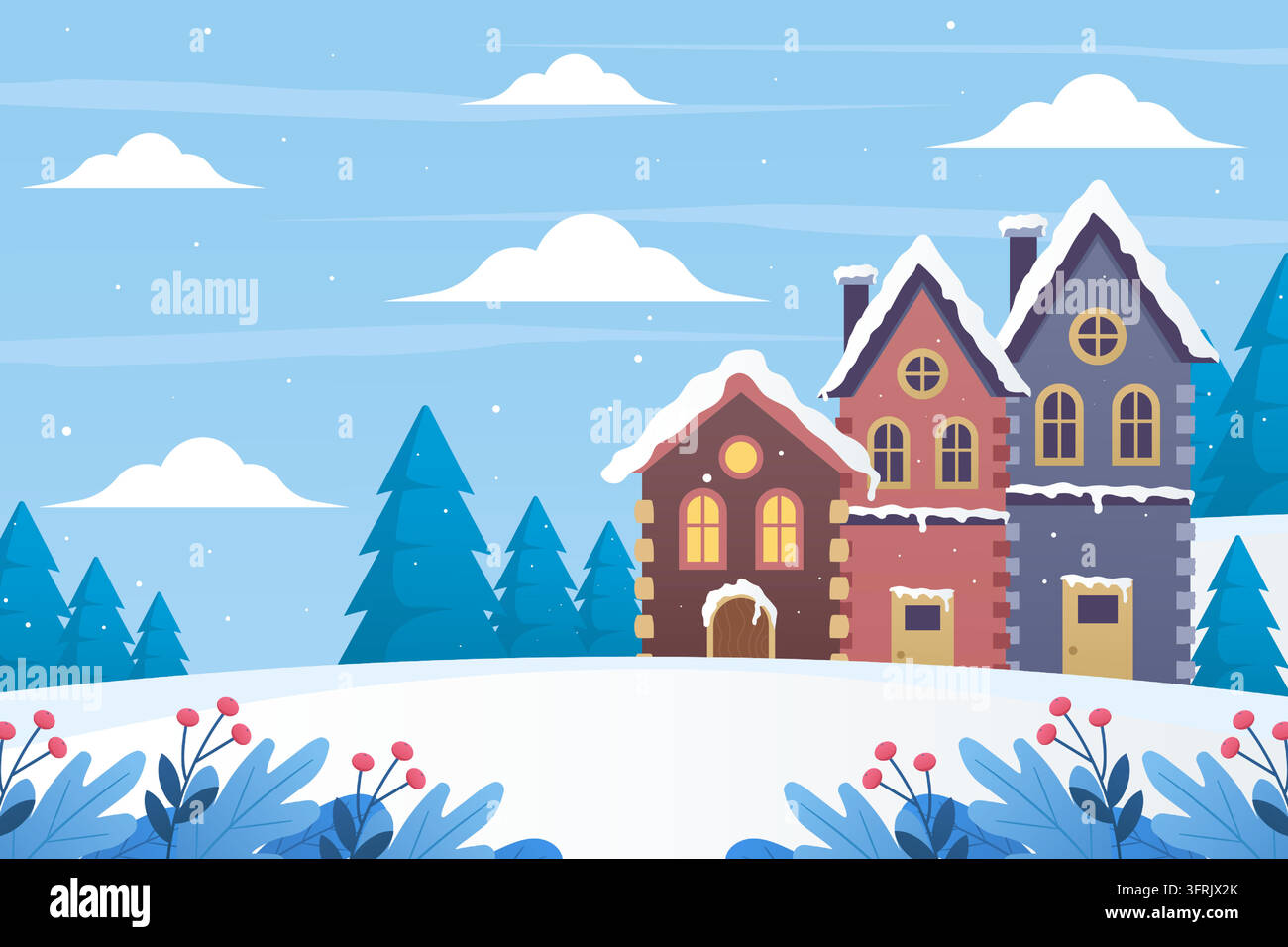 Banner orizzontale paesaggio invernale case innevate città vettore Illustrazione Vettoriale