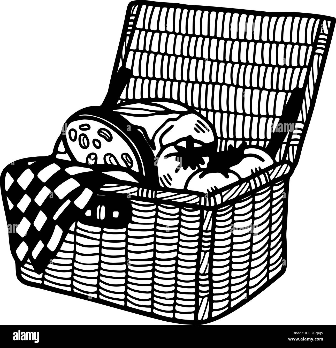 Illustrazione in bianco e nero di un cestino da picnic e cibo Illustrazione Vettoriale