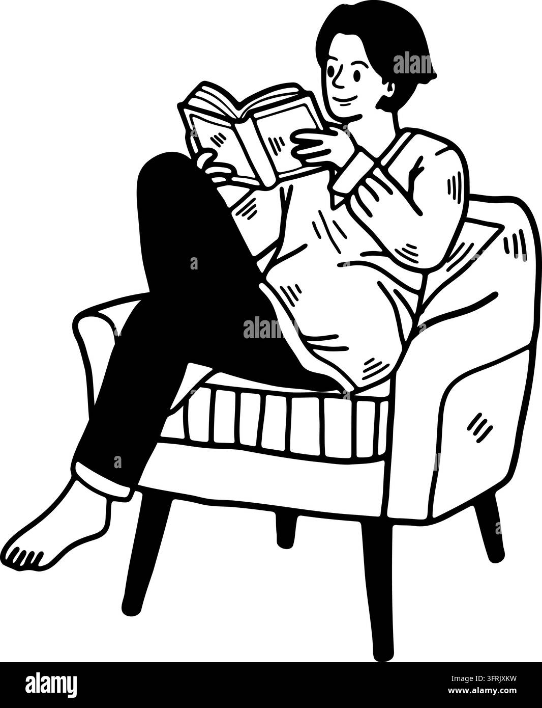 Illustrazione in bianco e nero di un uomo seduto su una sedia che legge un libro Illustrazione Vettoriale