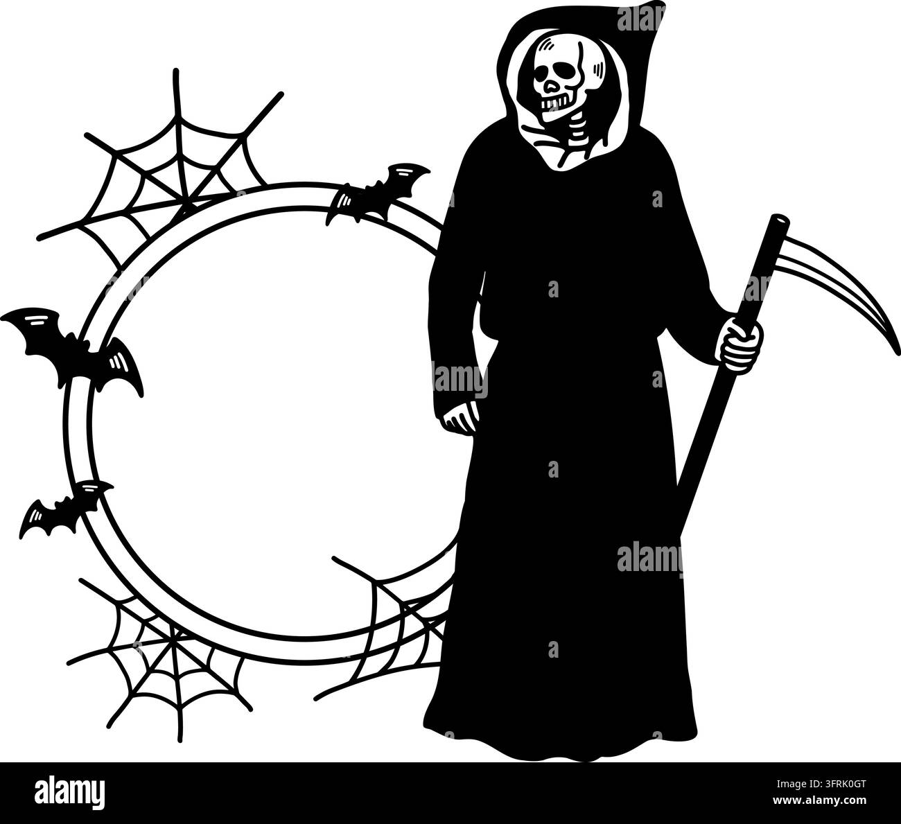 Illustrazione in bianco e nero di un cartellino del prezzo di Halloween con la Morte, pipistrelli e ragnatela Illustrazione Vettoriale