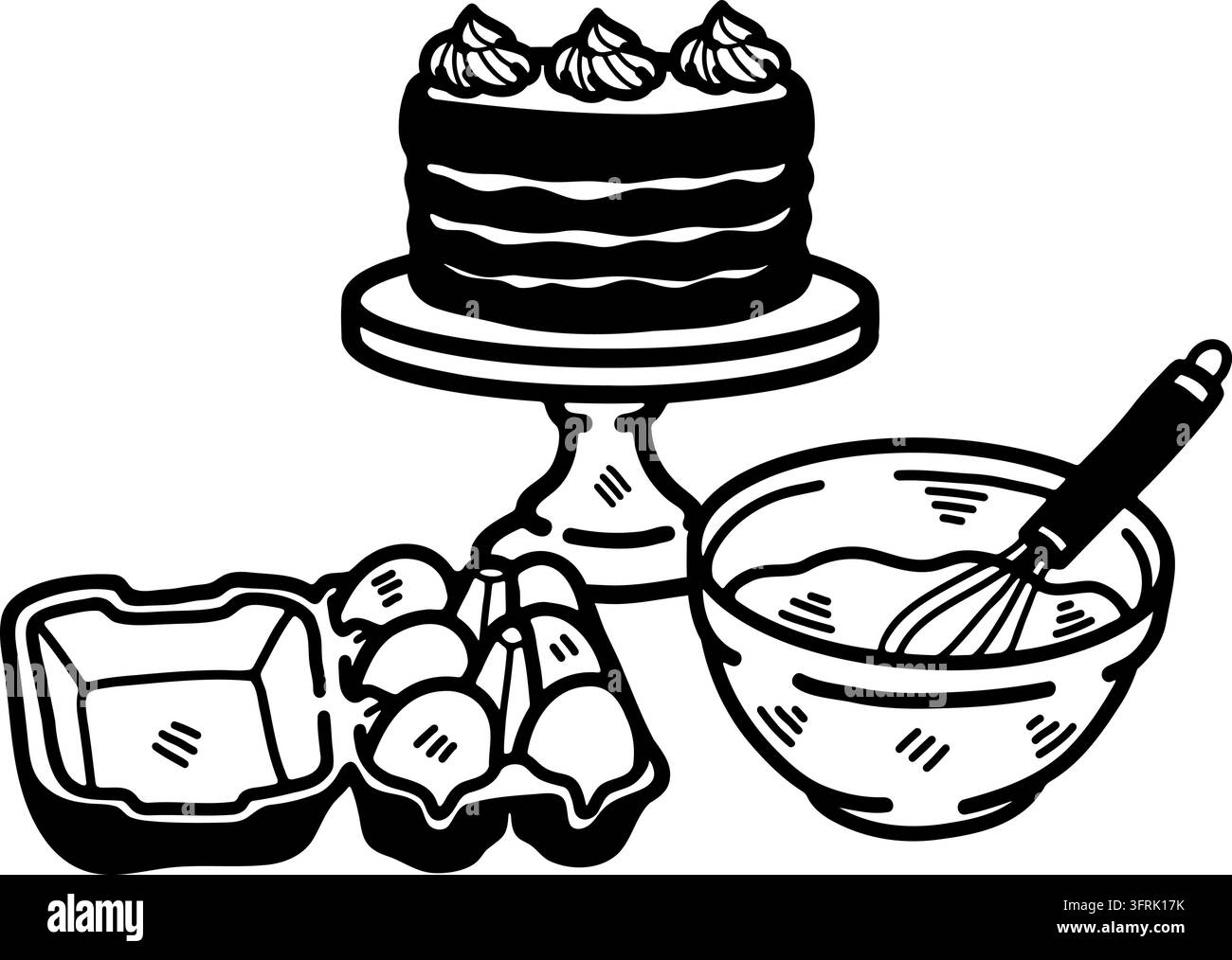 Bianco e nero di torta alle fragole, uova e panna Illustrazione Vettoriale