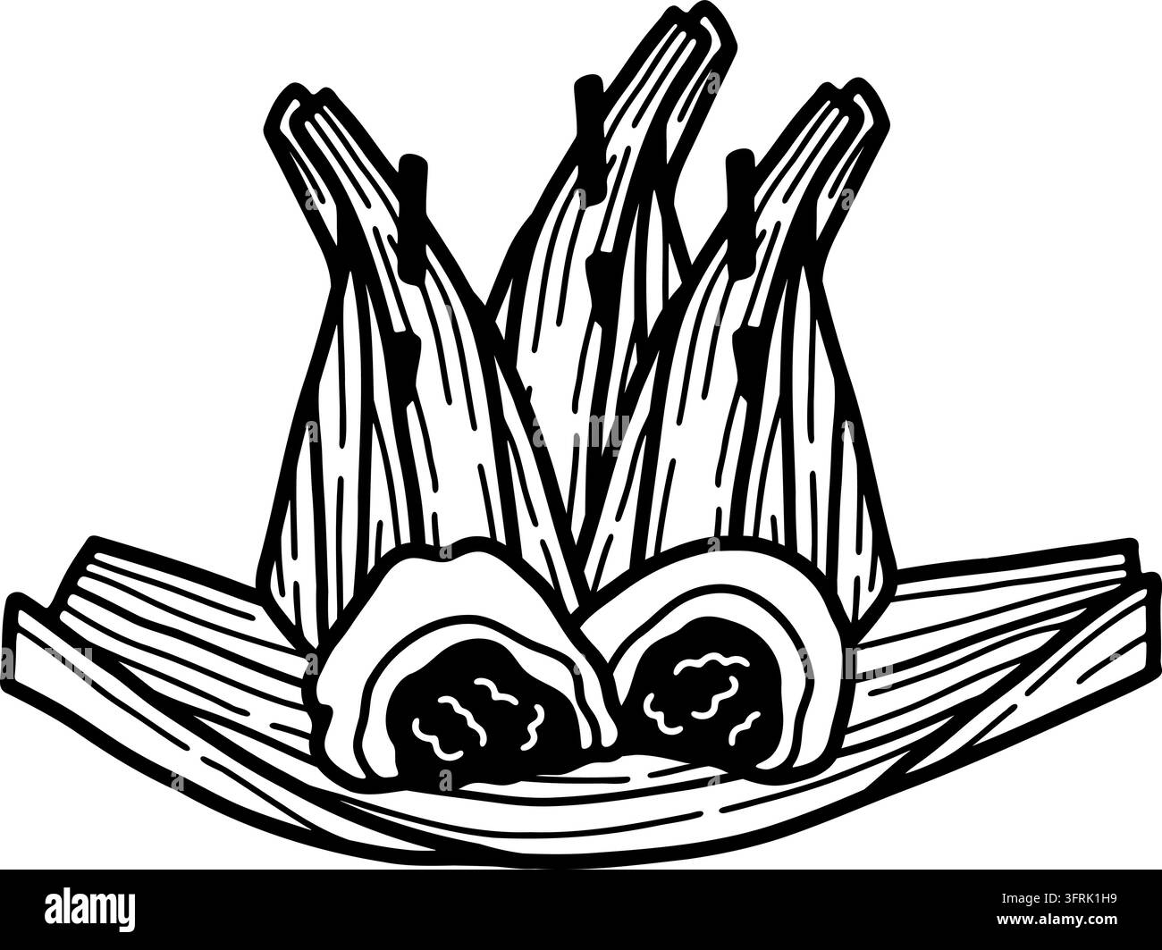 Illustrazione in bianco e nero di Khanom Sai Sai, dolce di farina al vapore con ripieno di cocco avvolto in una foglia di banano, dessert thailandese Illustrazione Vettoriale