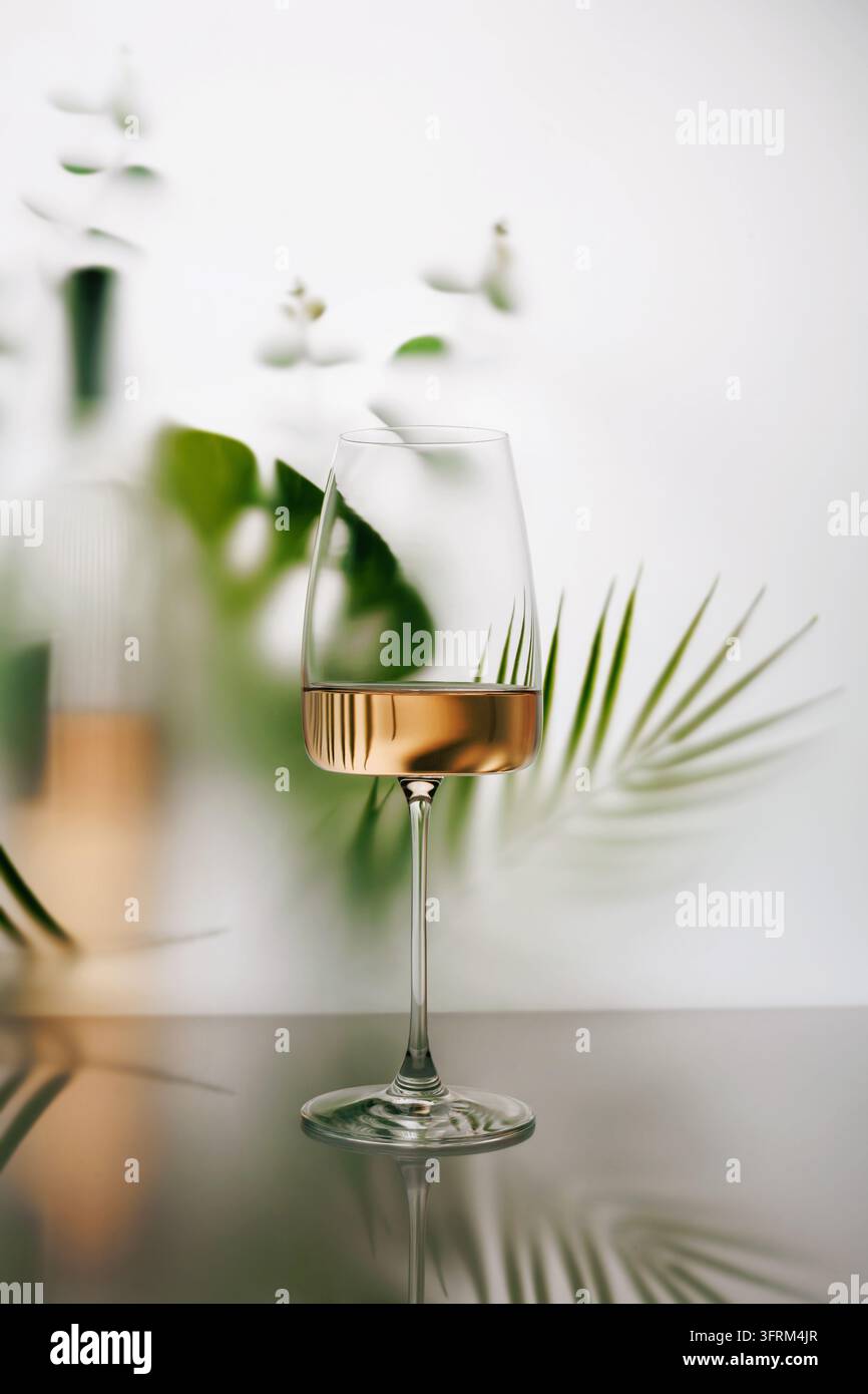 Calice verticale per vino rosé con vegetazione tropicale e una silhouette di bottiglia sfocata, creando una composizione di lusso raffinata per lo stile di vita estivo Foto Stock