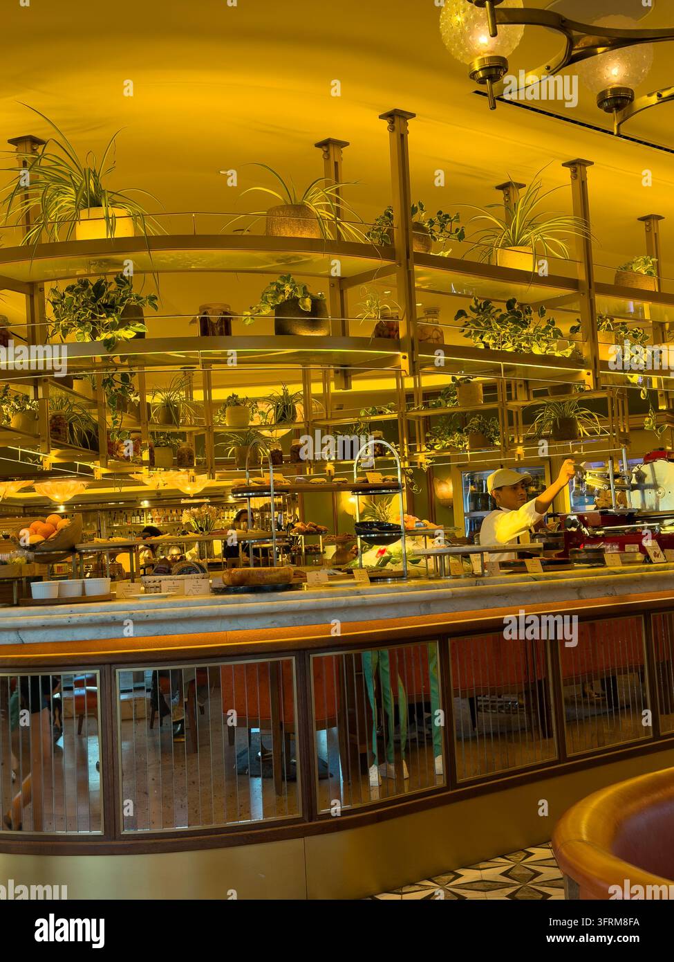 MADRID, SPAGNA – 09 OTTOBRE 2026: Chef lavora dietro il bancone del ristorante sotto luci brillanti e scaffali di vetro. Piante, frutta e cibi preparati creano Foto Stock