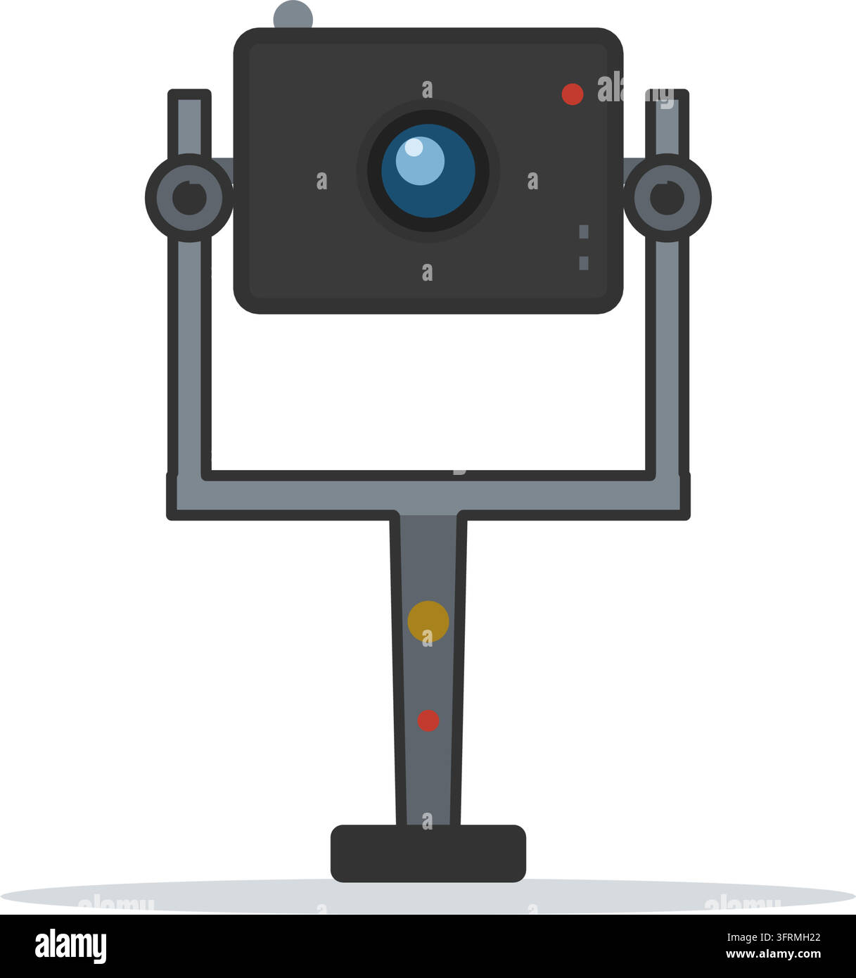 Illustrazione vettoriale piatta di uno stabilizzatore gimbal per fotocamera portatile con motori, una manopola di controllo e una maniglia, su bianco. Illustrazione Vettoriale