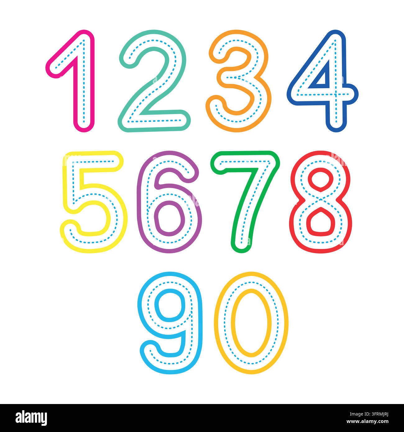 Insegnante che traccia i numeri 0-9 Foglio di lavoro formativo, Attività matematica prescolare Illustrazione Vettoriale