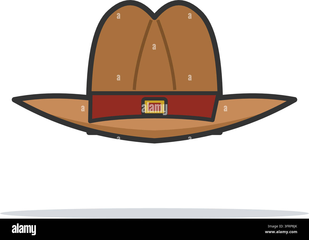 Illustrazione vettoriale piatta di un cappello da cowboy marrone con corona incassata, fascia rossa con fibbia in ottone e tesa larga, isolato su sfondo bianco. Illustrazione Vettoriale