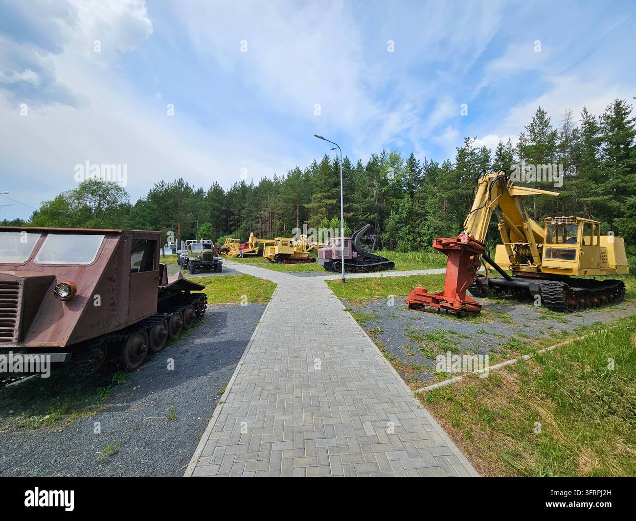 Fila di vecchi trattori per il taglio del legno parcheggiati in un campo. I trattori sono gialli e rossi Foto Stock