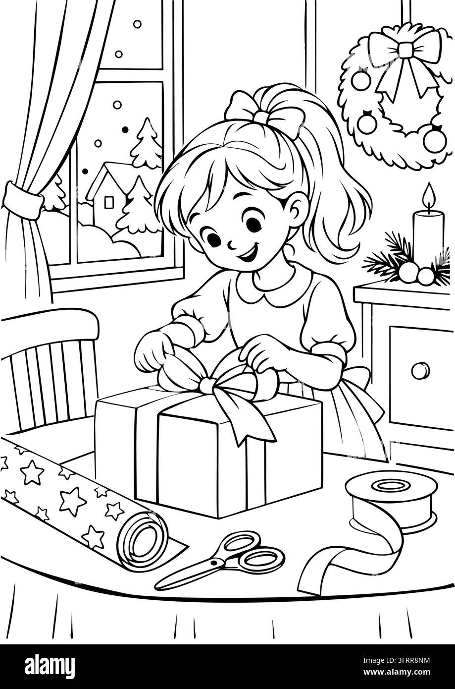 Una ragazza decora un regalo di Natale avvolto con del nastro, circondata da materiali per l'imballaggio dei regali in una stanza festosa. Foto Stock