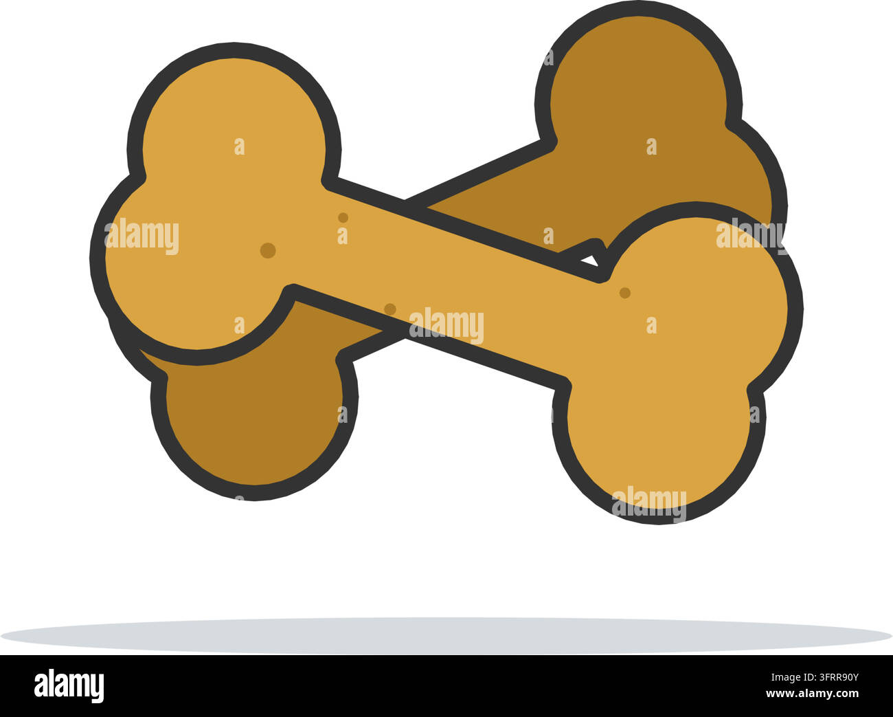 Illustrazione vettoriale piatta di due grandi biscotti a forma di osso di cane marrone dorato incrociati tra loro con estremità nodose, isolati su sfondo bianco. Illustrazione Vettoriale