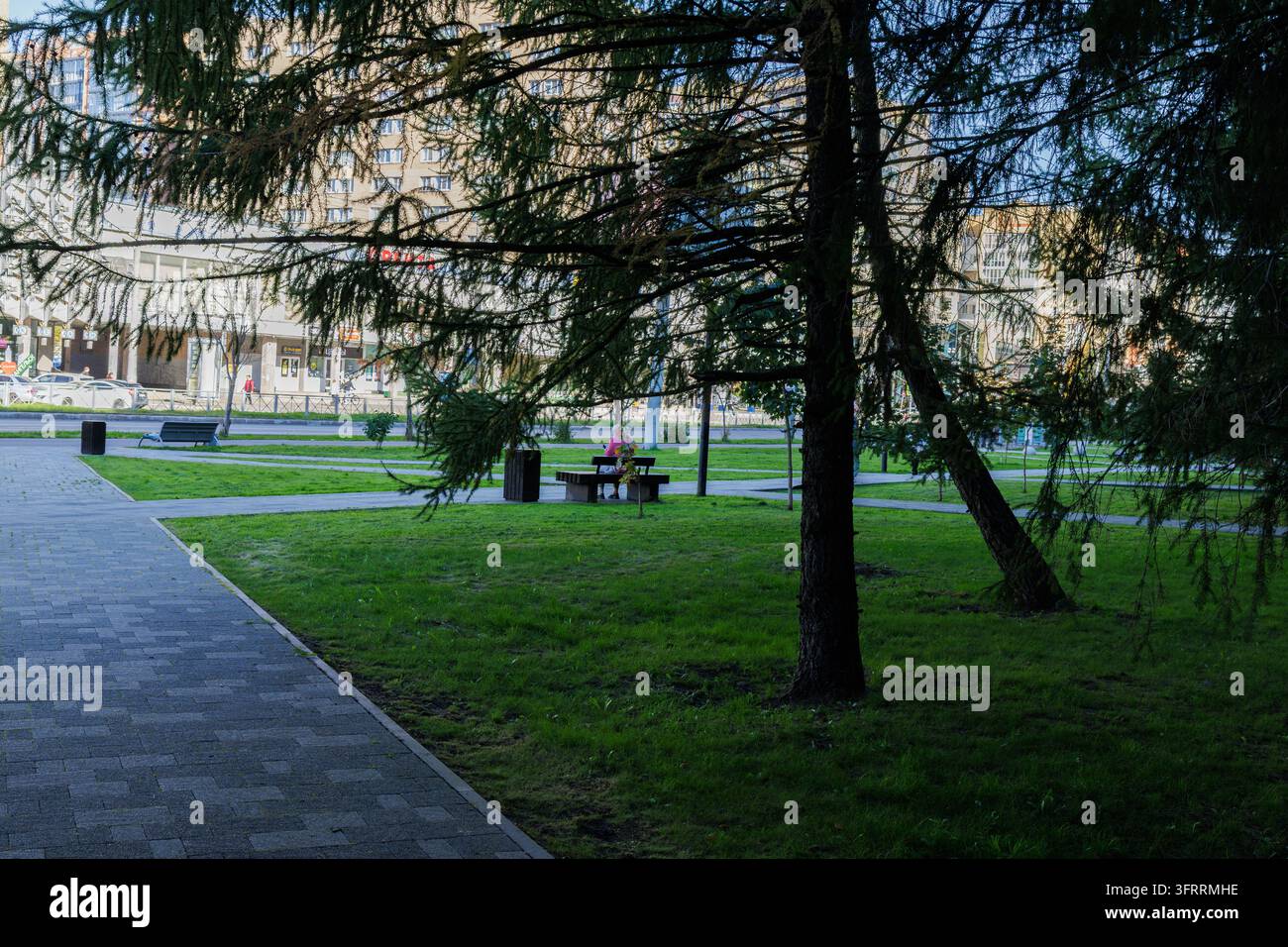 ARKHANGELSK, RUSSA - 25 SETTEMBRE 2026: Vista panoramica attraverso i rami degli alberi sui marciapiedi lastrati e sulle persone che riposano sulle panchine in un parco pubblico urbano. Foto Stock