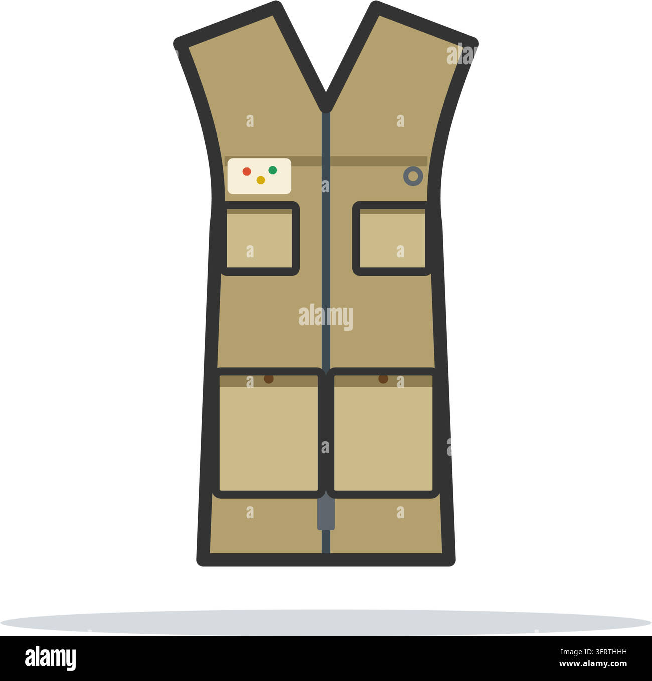 Illustrazione vettoriale piatta di un gilet da pesca color kaki con una cerniera frontale, quattro tasche con pattina e una toppa in pile, isolato su sfondo bianco. Illustrazione Vettoriale