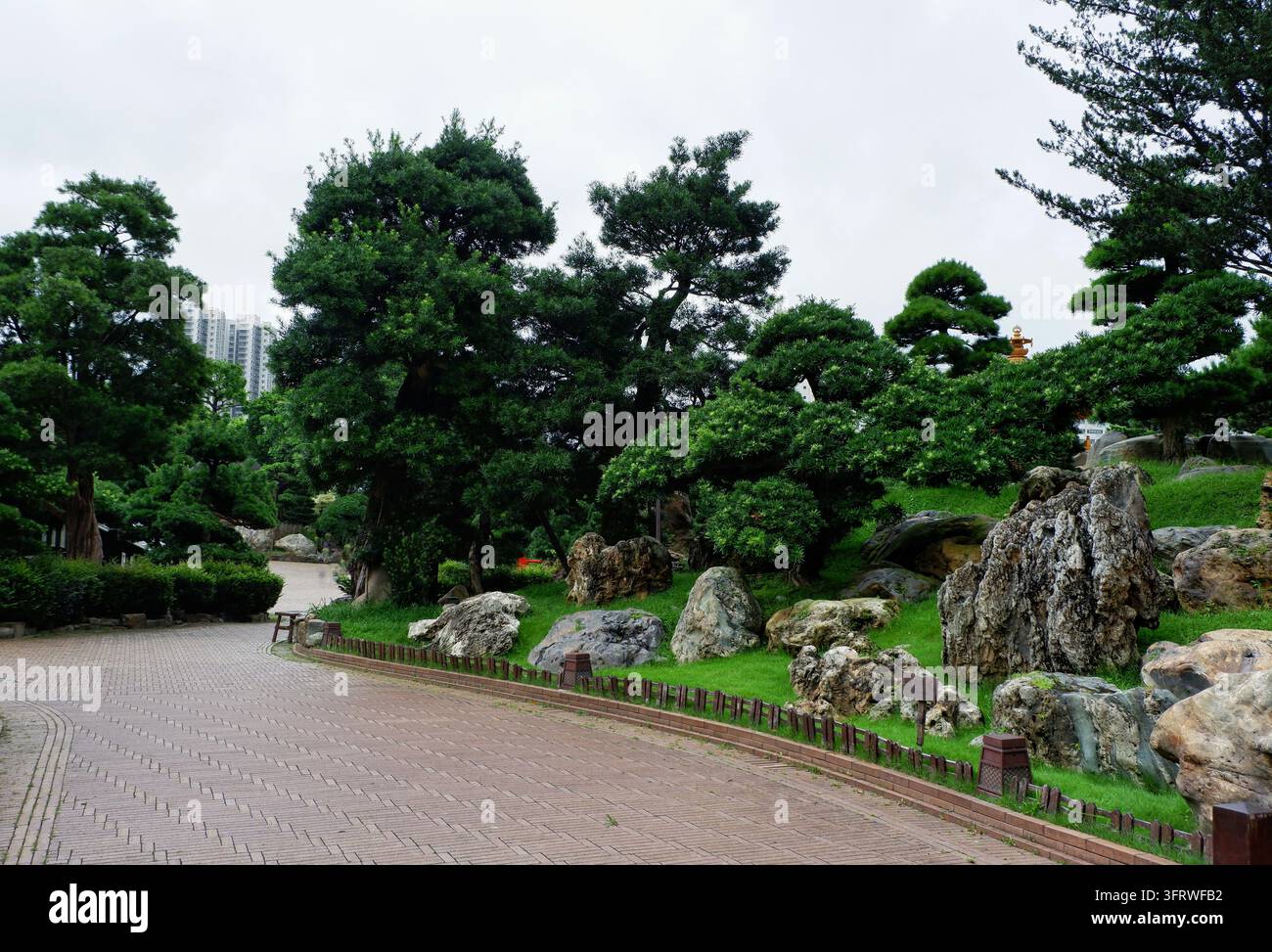 Sentiero di mattoni curvo attraverso un giardino cinese classico con pini scolpiti, rocce erose, una bassa recinzione di legno e appartamenti di alto piano che si innalzano Foto Stock