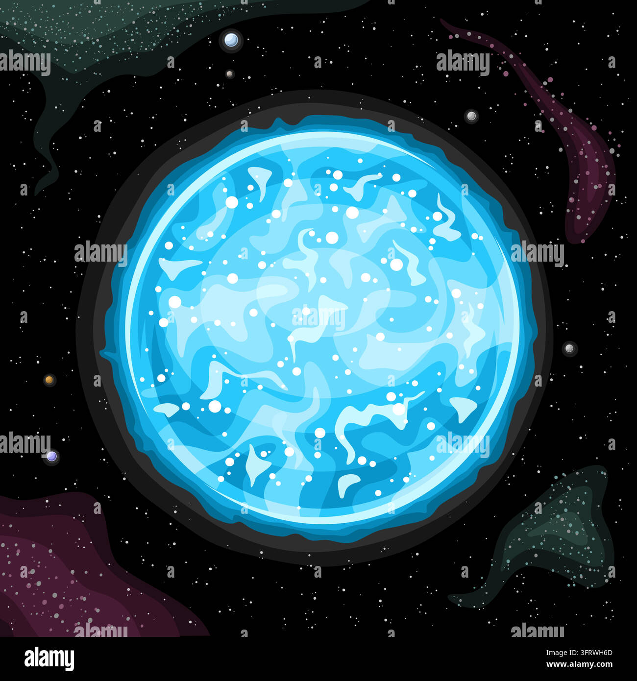 Illustrazione vettoriale della stella Zeta Puppis, poster astronomico con design a fumetti, fotosfera di stella massiccia blu-bianca su sfondo nero stellato, squ Illustrazione Vettoriale