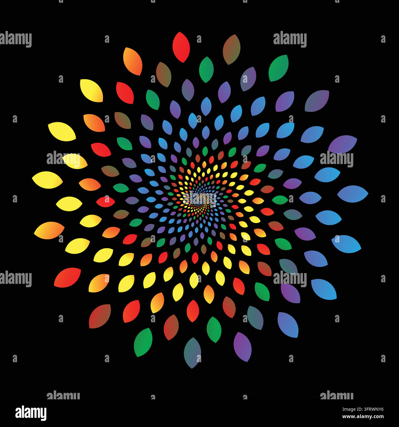 Elementi multicolori a forma di foglia formano un vortice a spirale vibrante su uno sfondo nero, creando un motivo geometrico caleidoscopico con sfumature vivaci Illustrazione Vettoriale