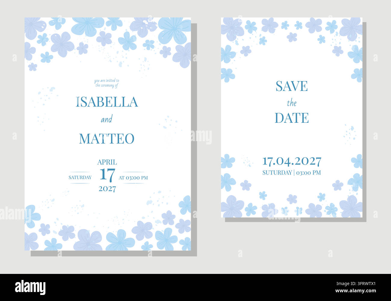Invito di nozze elegante e biglietti di invito con bordo floreale in blu morbido e lavanda, perfetti per eventi romantici Illustrazione Vettoriale