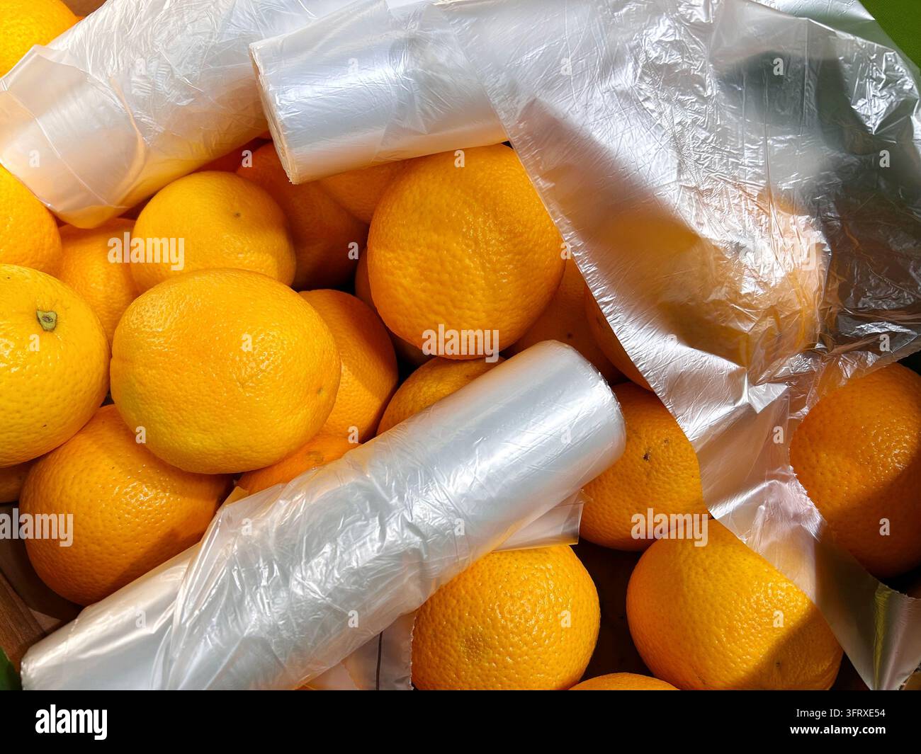 Arance fresche esposte con rotoli di sacchetti di plastica monouso per prodotti in un negozio di alimentari, illustrando le preoccupazioni per gli imballaggi monouso e i rifiuti di plastica Foto Stock