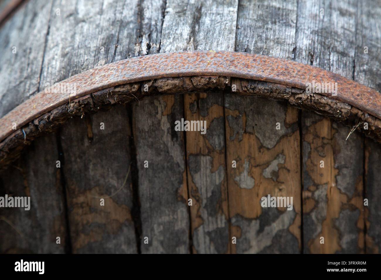 Barile di legno stagionato con cerchio metallico arrugginito e superficie invecchiata screpolata in dettaglio di texture rustica a distanza ravvicinata per stoccaggio, eredità, distilleria, fattoria Foto Stock