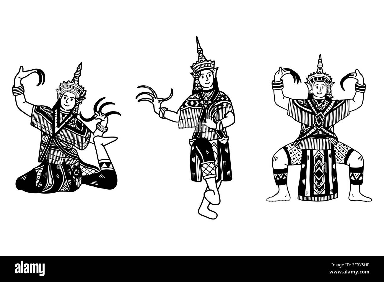 Collezione in bianco e nero della danza thailandese Manora, performance folkloristica tradizionale del sud Illustrazione Vettoriale