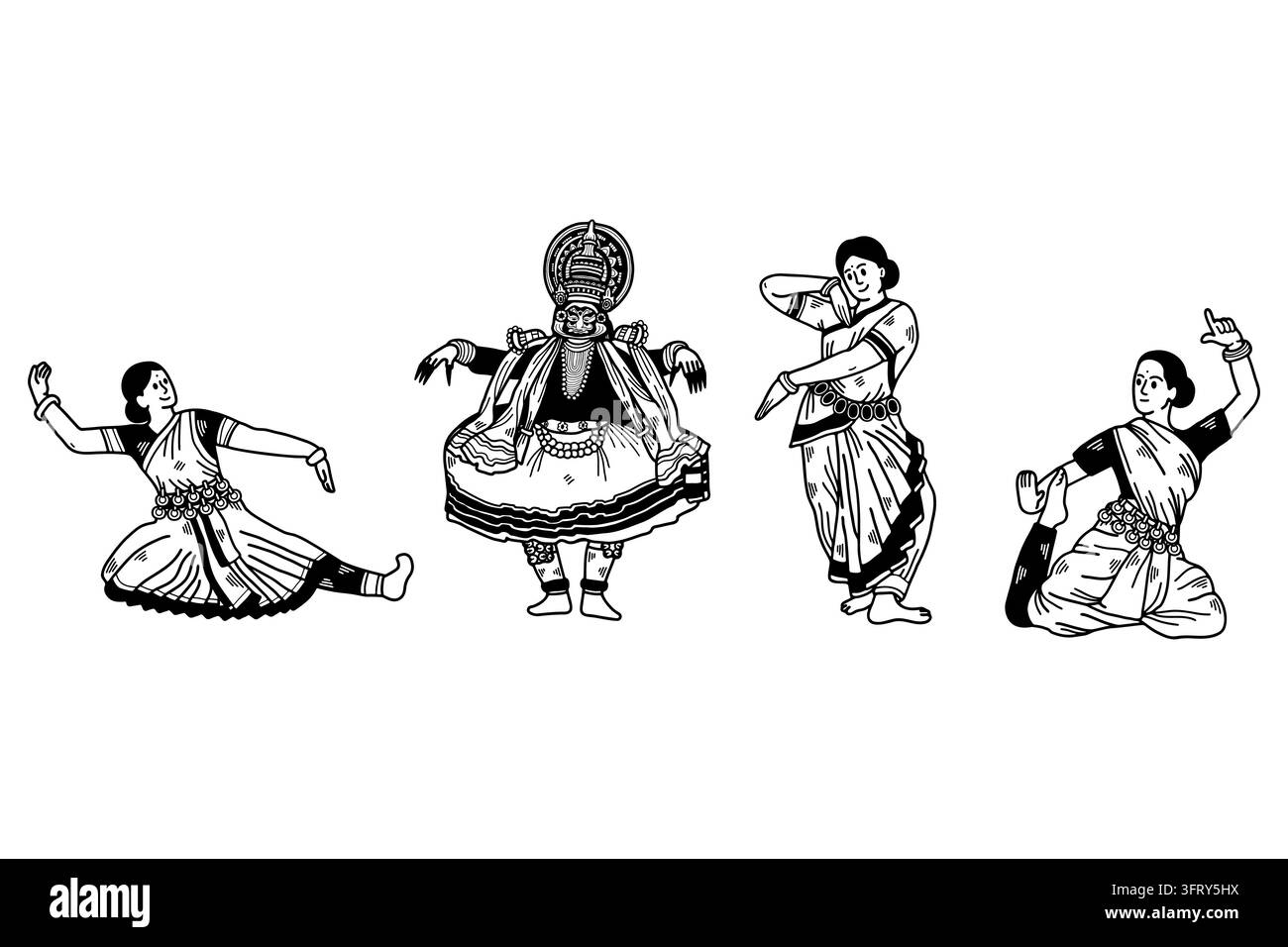 Collezione in bianco e nero di danza classica indiana e performance tradizionale Kathakali Illustrazione Vettoriale