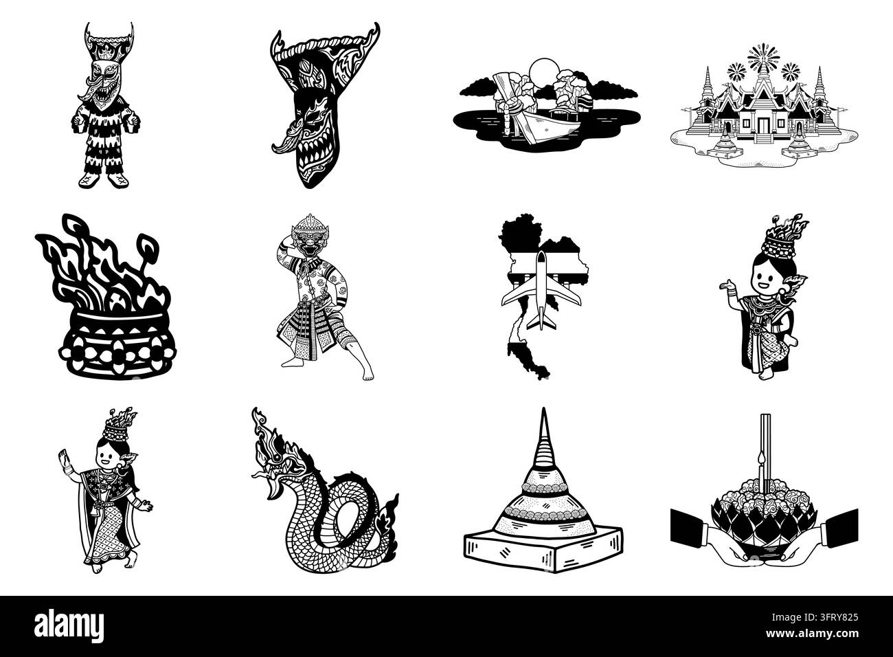 Collezione in bianco e nero della cultura thailandese e dei simboli tradizionali Illustrazione Vettoriale