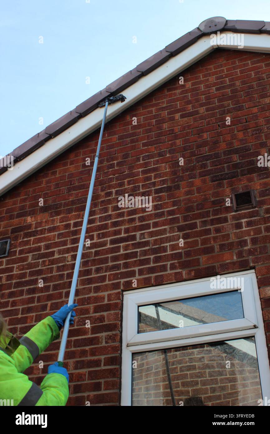 Un addetto alle pulizie professionista utilizza una spazzola di pulizia a lungo raggio per pulire le fasce lungo la grondaia di una proprietà residenziale in mattoni. Foto Stock