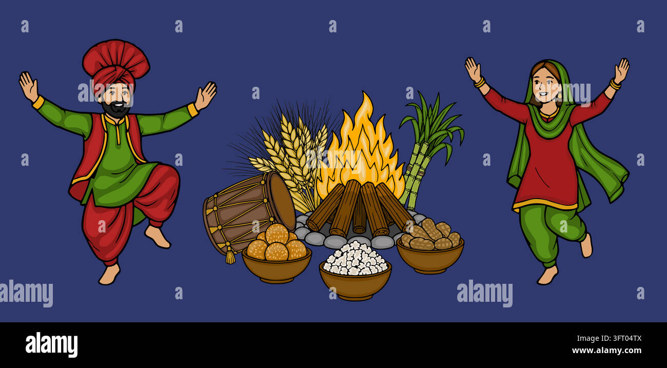 Banner vettoriale del festival Lohri con una coppia punjabi danzante, falò, tamburo dhol, canna da zucchero, grano e snack tradizionali Illustrazione Vettoriale
