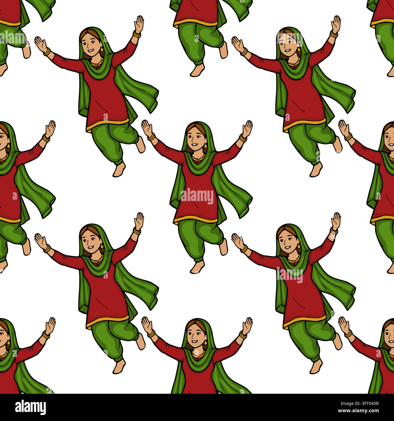 Modello vettoriale senza cuciture del festival Lohri con una donna punjabi che danza in un tradizionale salwar kameez Illustrazione Vettoriale