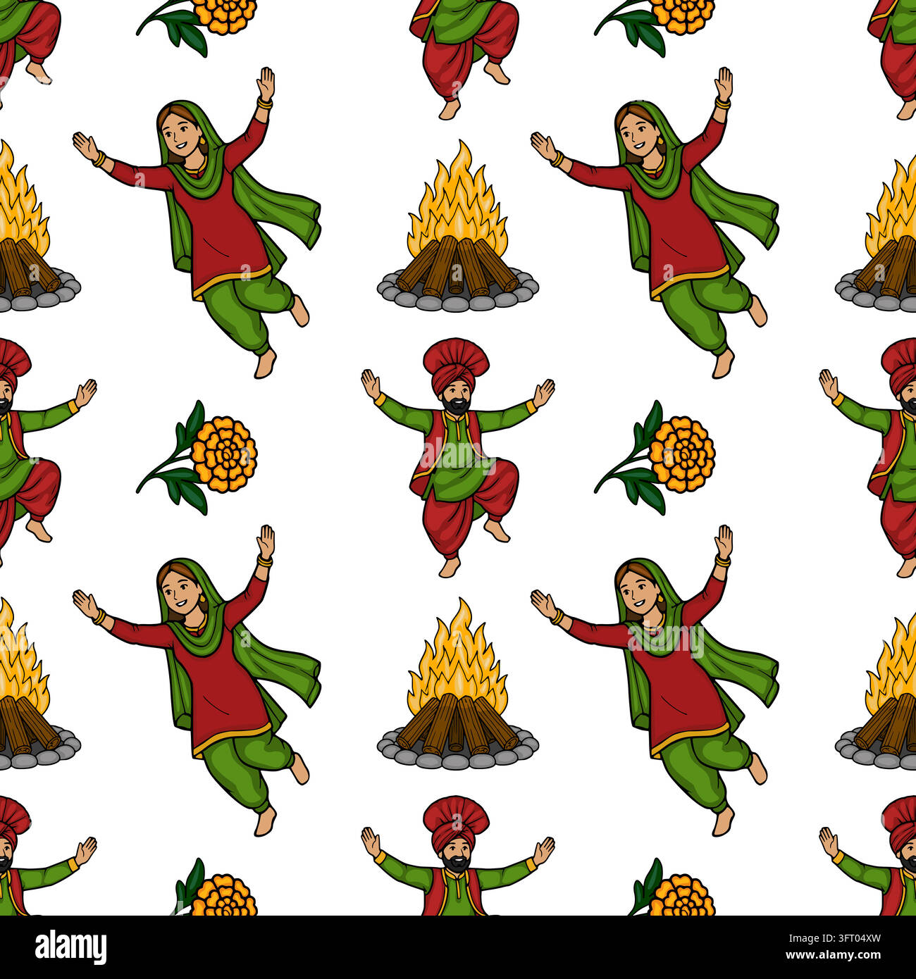 Motivo vettoriale senza cuciture del festival Lohri con persone del Punjab danzanti, falò e fiori di calendula Illustrazione Vettoriale