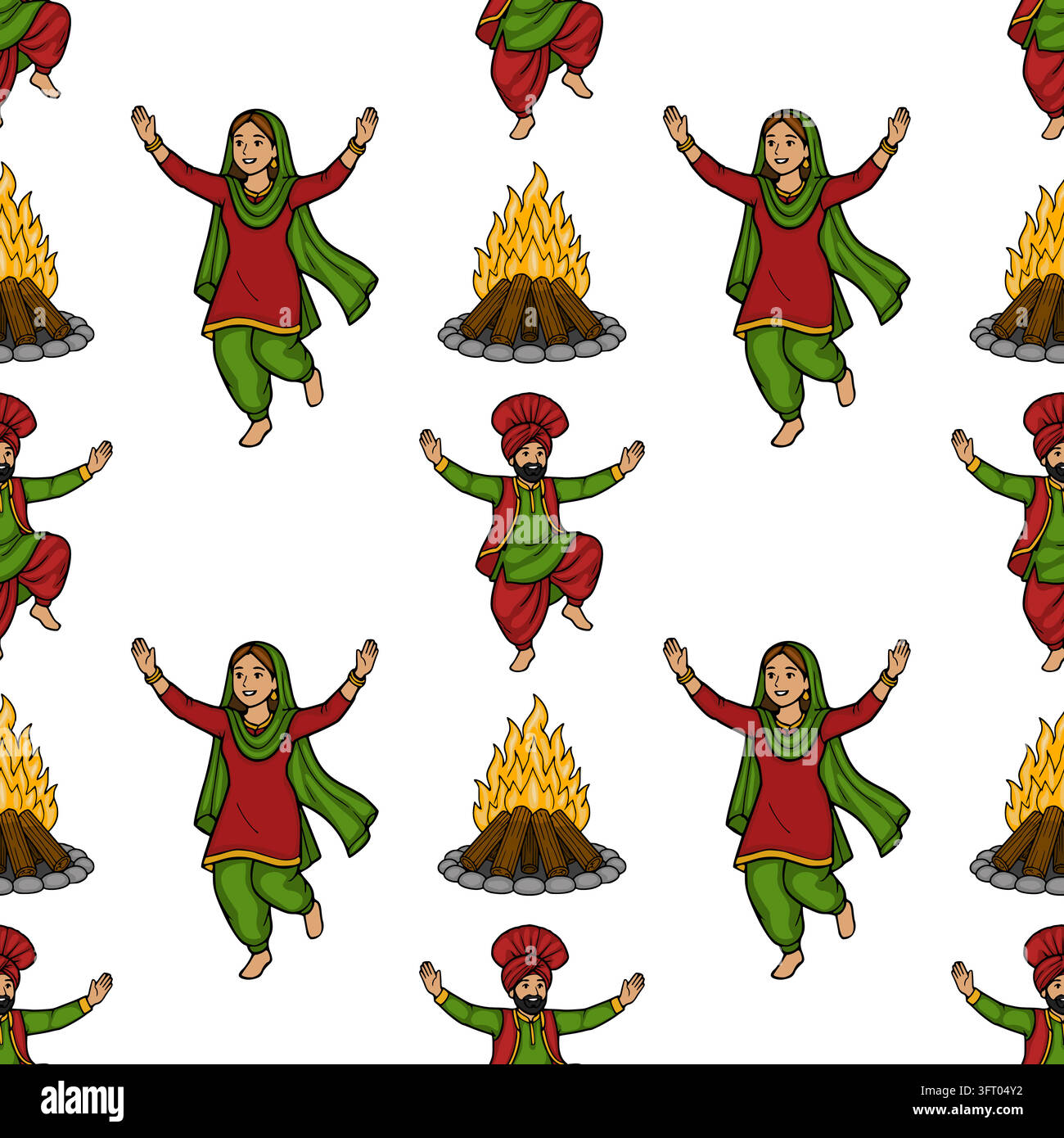 Illustrazione vettoriale senza cuciture del festival Lohri con persone punjabi che ballano e un falò Illustrazione Vettoriale