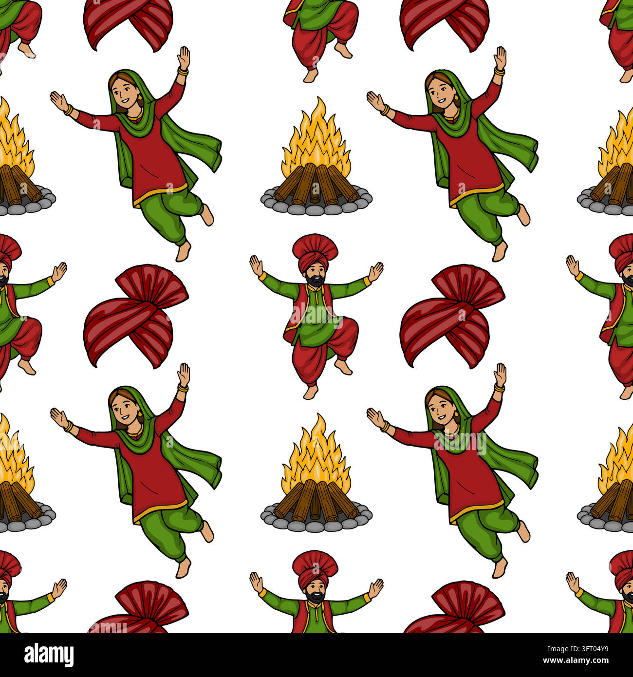 Illustrazione vettoriale a motivo senza cuciture del festival Lohri con coppia punjabi danzante e falò tradizionale Illustrazione Vettoriale