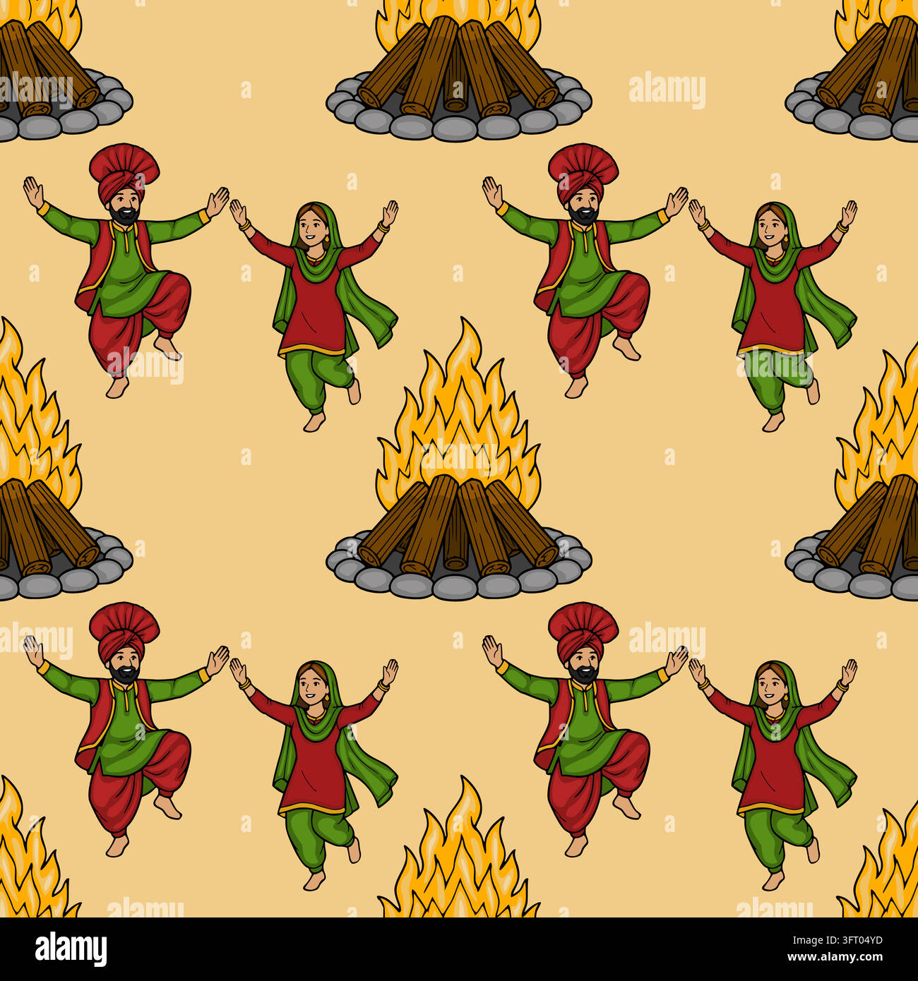 Motivo vettoriale senza cuciture del festival Lohri con coppia punjabi danzante e illustrazione di un falò Illustrazione Vettoriale