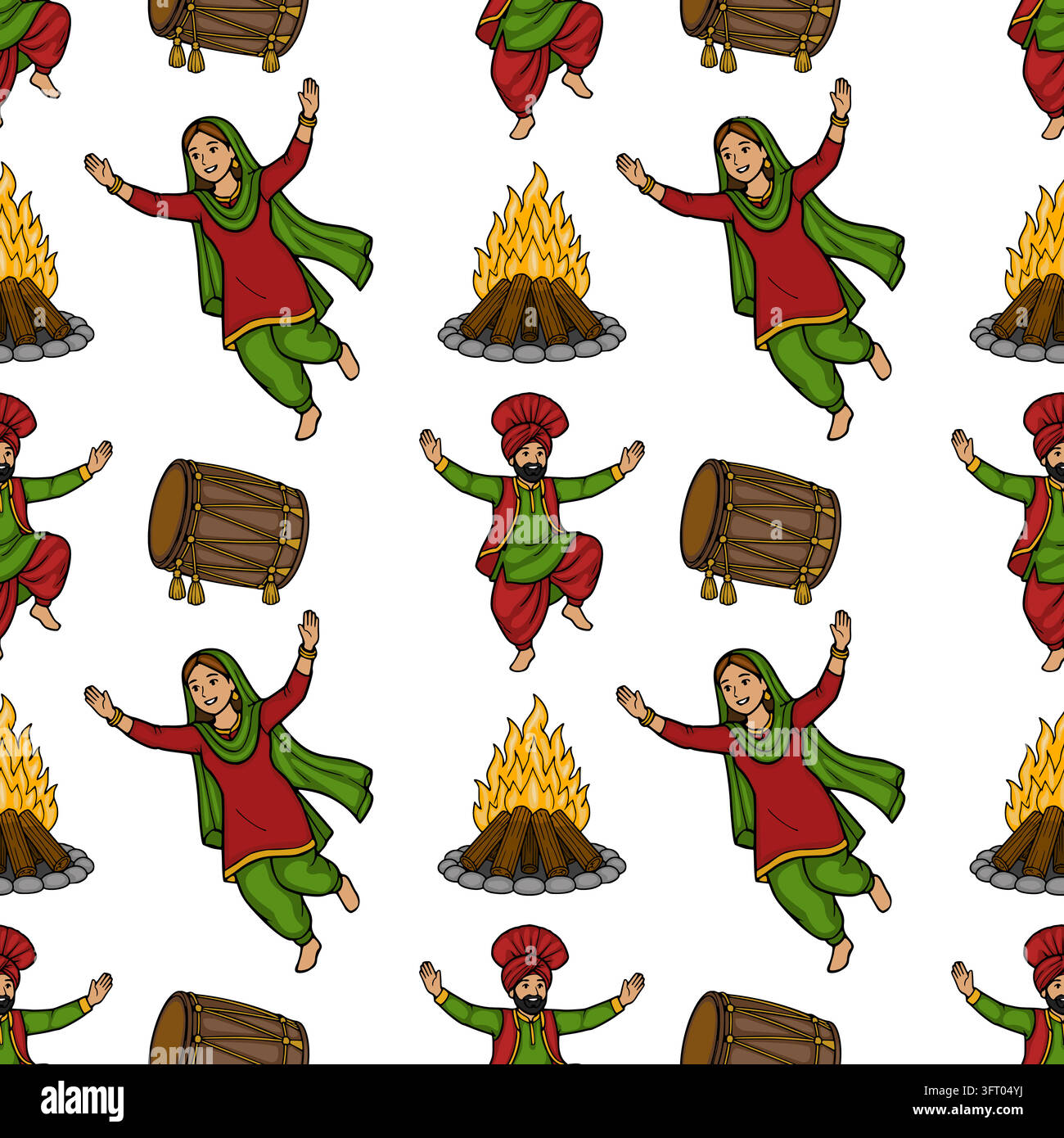 Motivo vettoriale senza cuciture del festival Lohri con persone punjabi danzanti, tamburi dhol e falò Illustrazione Vettoriale