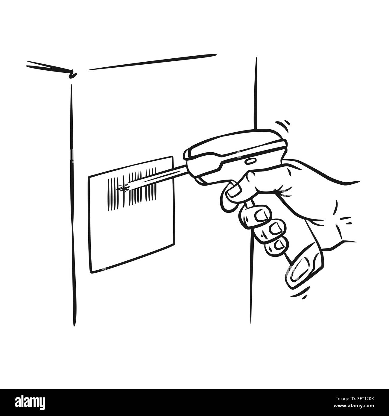 Illustrazione vettoriale disegnata a mano pulita di una mano umana che tiene una pistola per la lettura dei codici a barre per leggere un'etichetta di tracciamento su una scatola di cartone. Ideale f Illustrazione Vettoriale