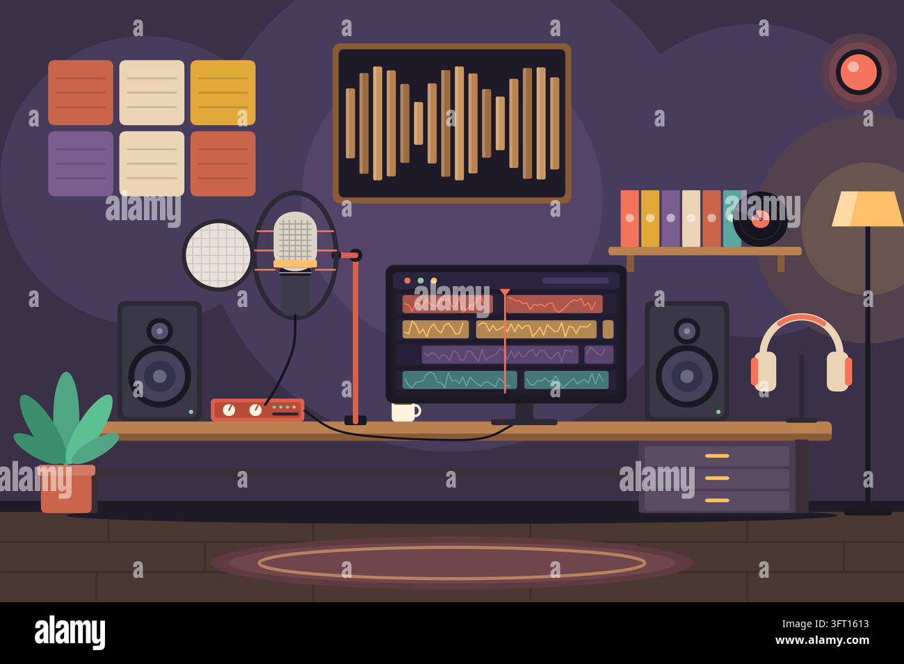 Scrivania illustrata per studio di registrazione domestico con microfono, monitor da studio, interfaccia audio, schermo a forma d'onda e pannelli acustici. Illustrazione Vettoriale
