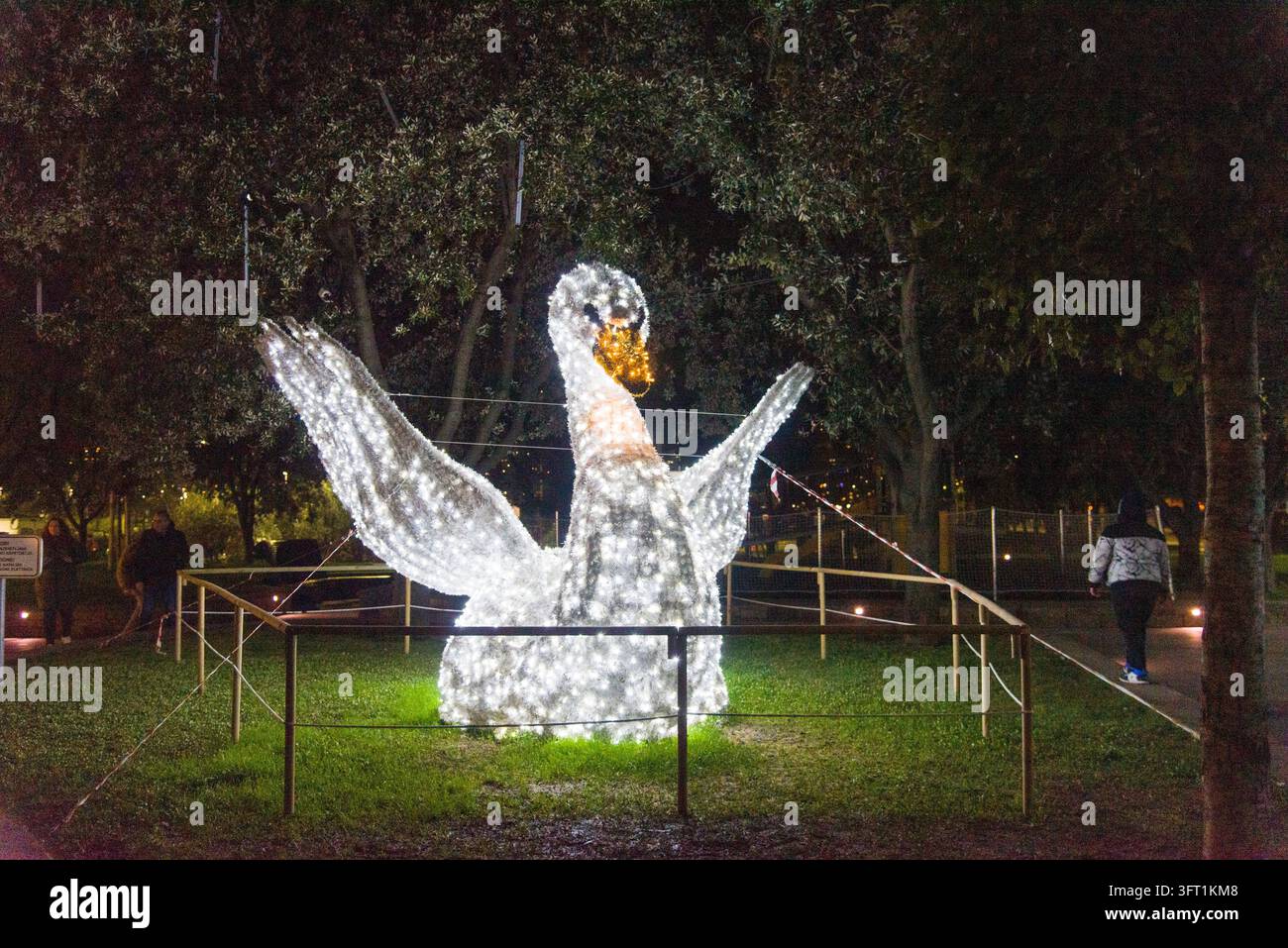 Vista notturna di una grande scultura luminosa festosa a forma di cigno con ali spiegate, che brilla di luci bianche intense in un contesto park a Capodistria, Slovenia Foto Stock